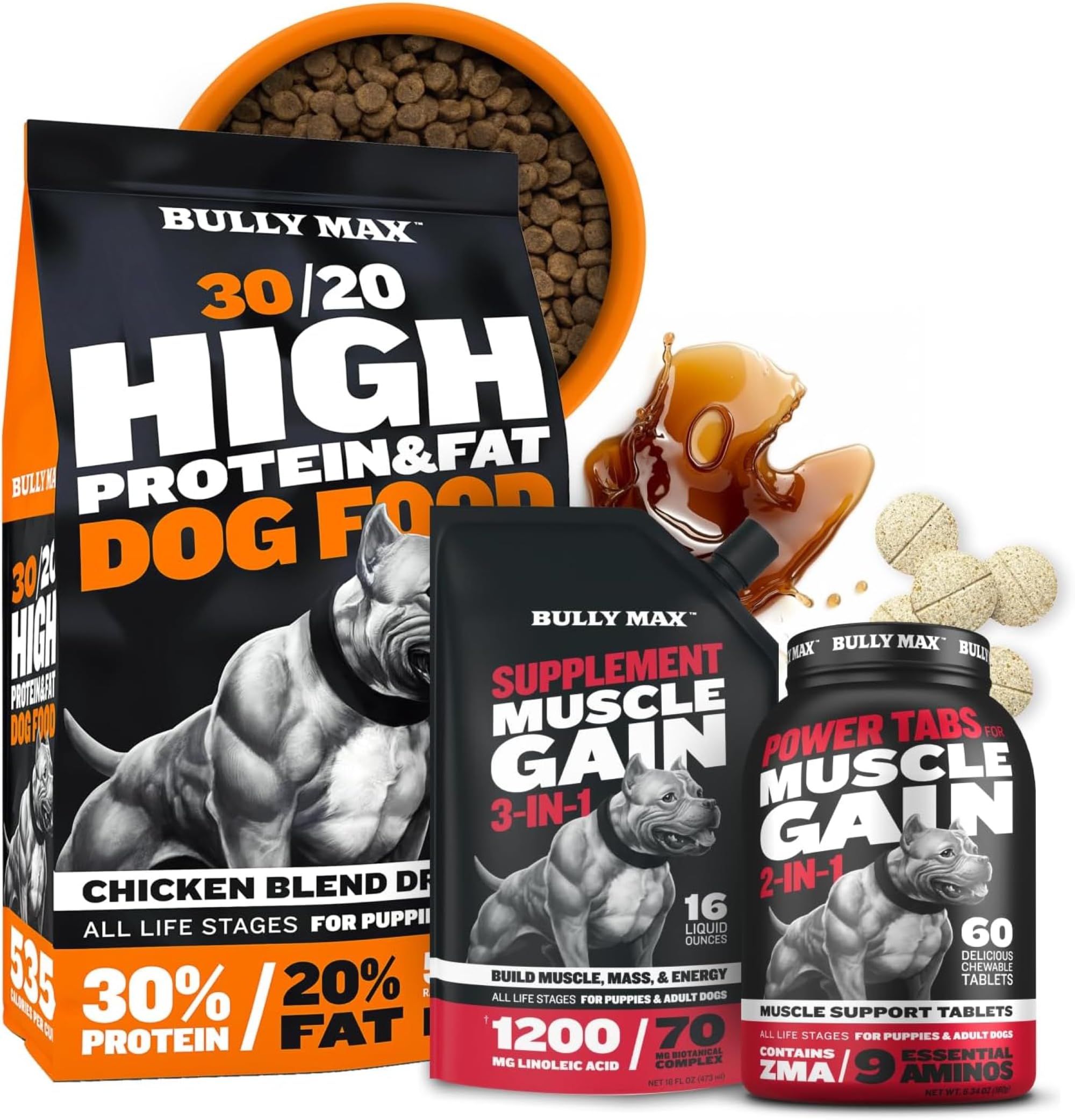 Bully Max Muscle Builder Power Tabs (60 tabs), High Protein & Fat Dry Dog Food (40lbs. Bag) & 3-in-1 Liquid Dog Supplement Bundle for Puppies & Adult Dogs – Muscle Gain and Healthy Weight Support