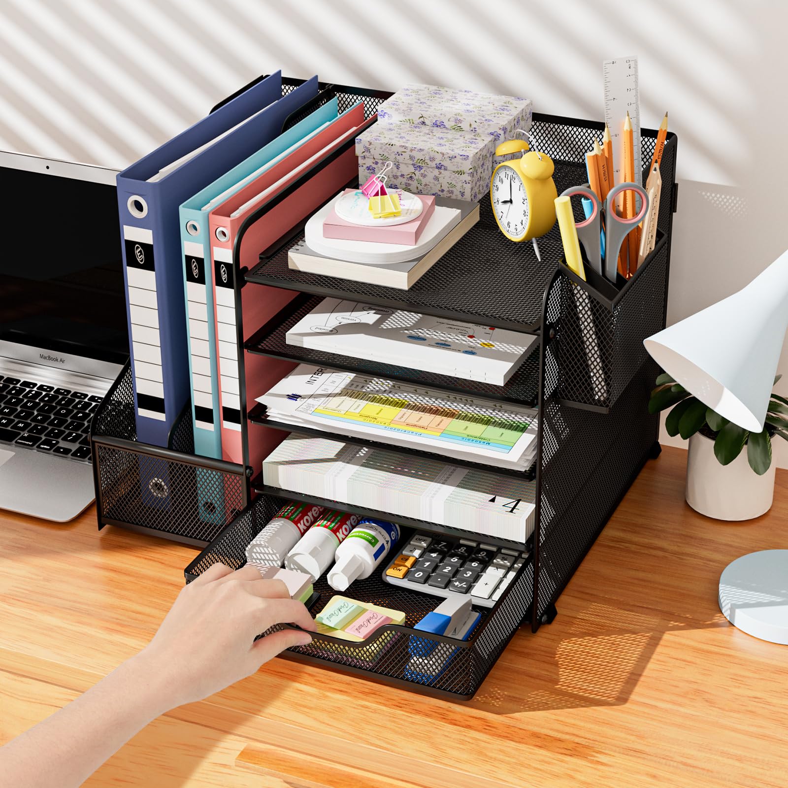 Organizer Scrivania, Portadocumenti da Scrivania, 5 Vaschette Portadocumenti Ufficio con Cassetto e Portapenne, Multifunzionale Organizer Cancelleria per Ufficio Cancelleria Casa