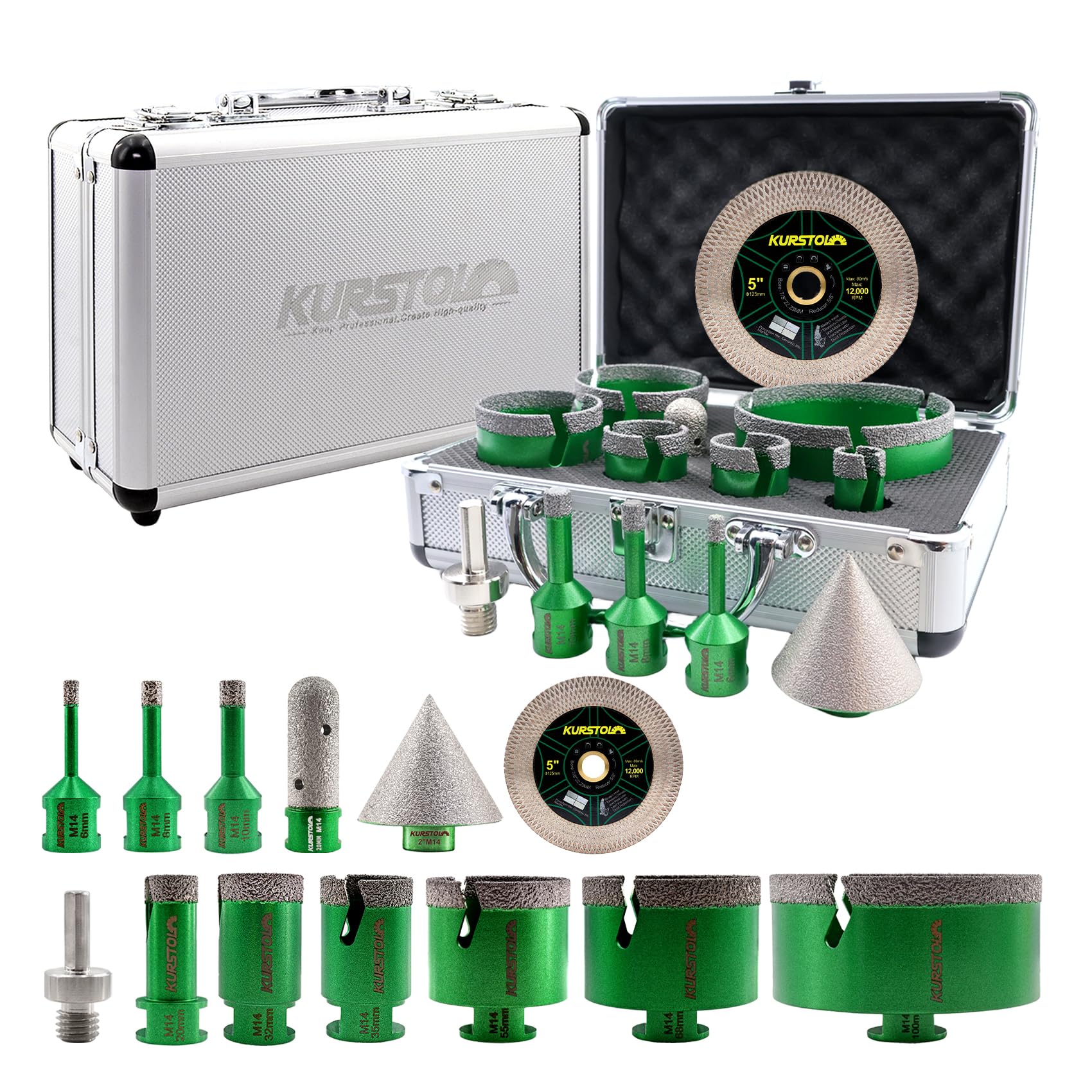 Forets Diamant pour Carrelage 13 Pièces - 6/8/10/20/32/35/55/68/100mm Trépan de Forage, 20mm Fraise, 50mm Foret Chanfrein, 125mm Disque, Adaptateur pour Céramique Porcelaine Marbre Granit