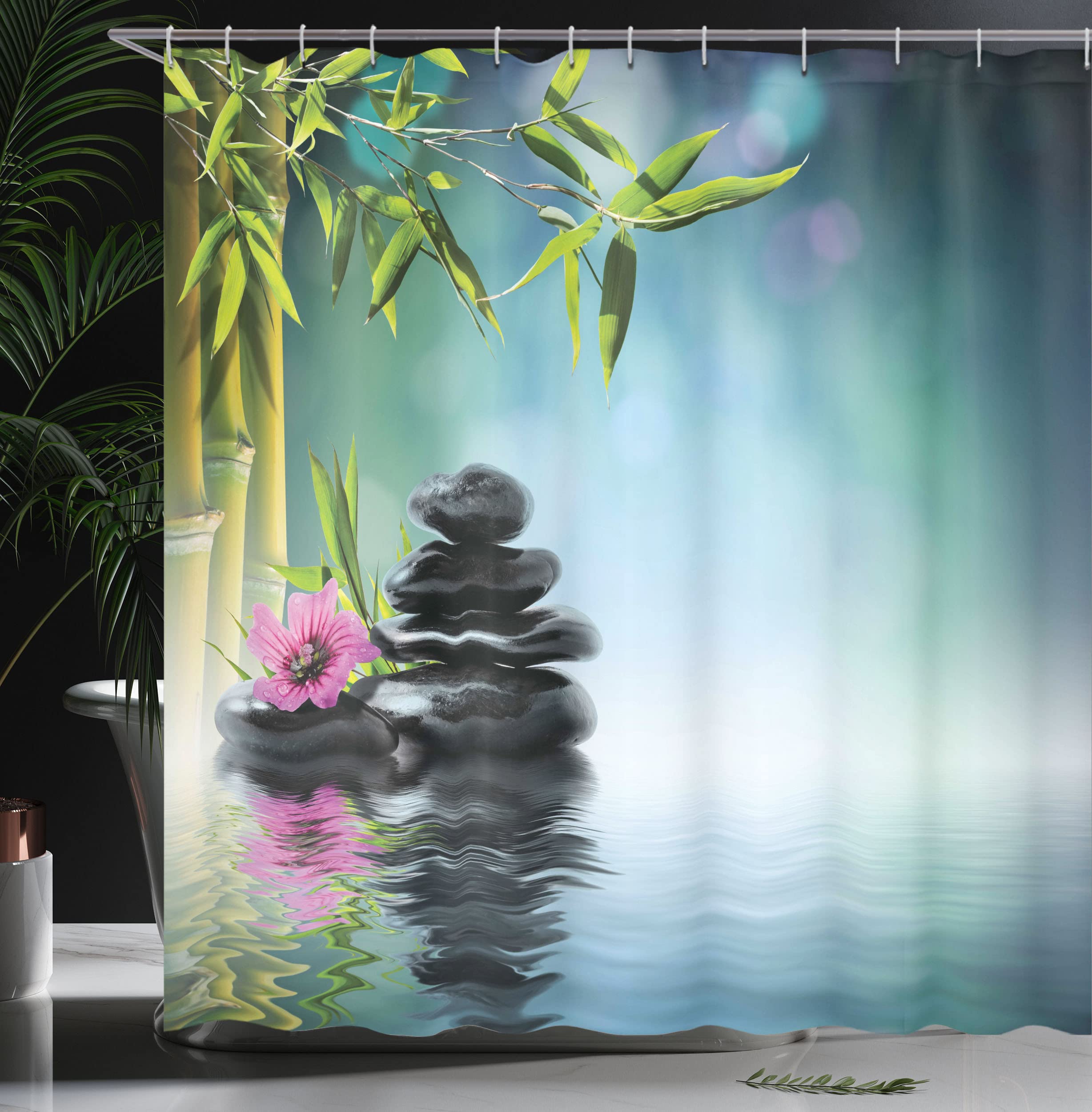 ABAKUHAUS Peace Garden Shower Curtain, Pink Flower Spa Stones and Bamboo Tree on the Water Relaxation Theraphy Peace - Image 3