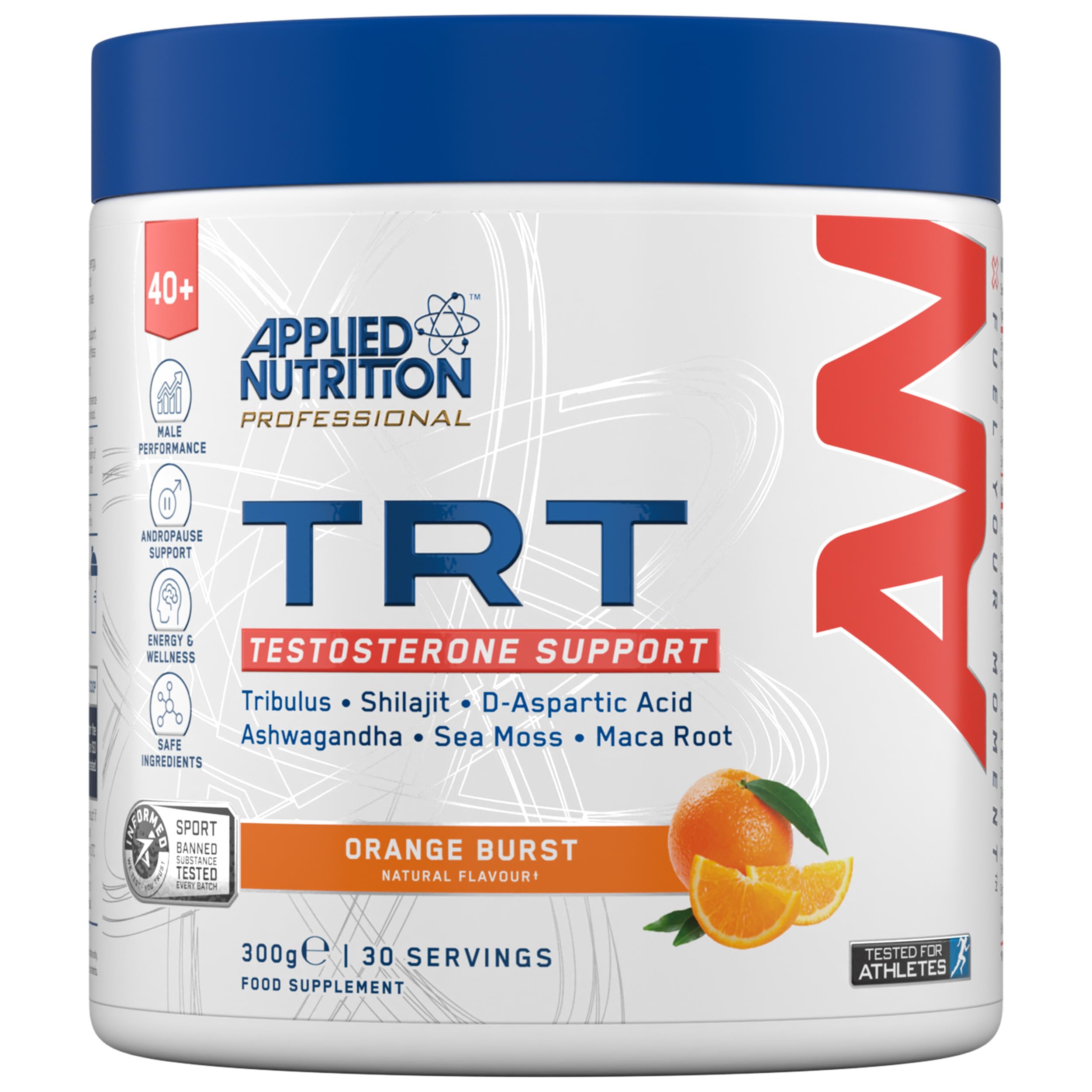 Applied Nutrition TRT for Men Over 40 | Zinc, Magnesium, D-Aspartic Acid, Maca, Ashwagandha & Sea Moss | Informed Sport – Orange Burst (300g – 30 Servings)
