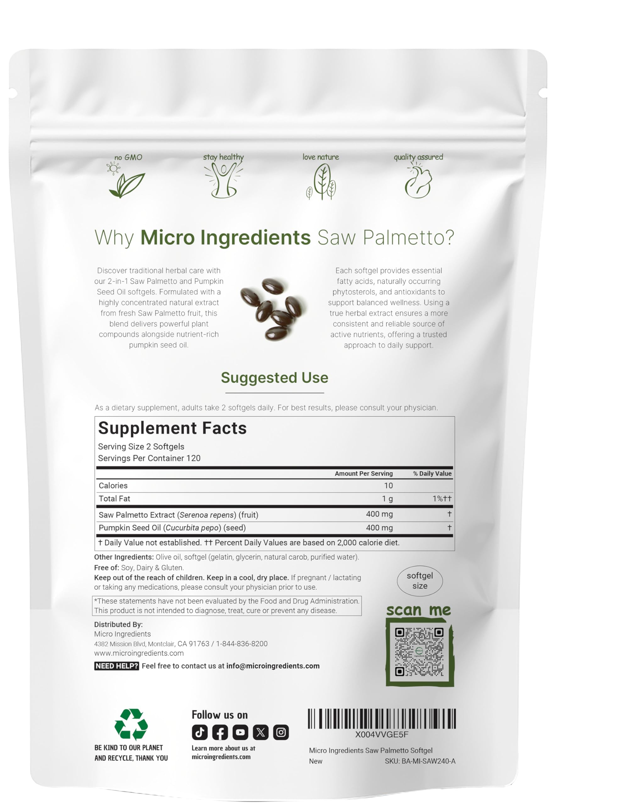 Micro Ingredients Saw Palmetto with Pumpkin Seed Oil for Men, 240 Softgels| Cold-Pressed Extract | Virgin Oil Formula | Rich in Essential Fatty Acids & Phytosterols | Non-GMO, Gluten & Soy Free — Amazon image 2