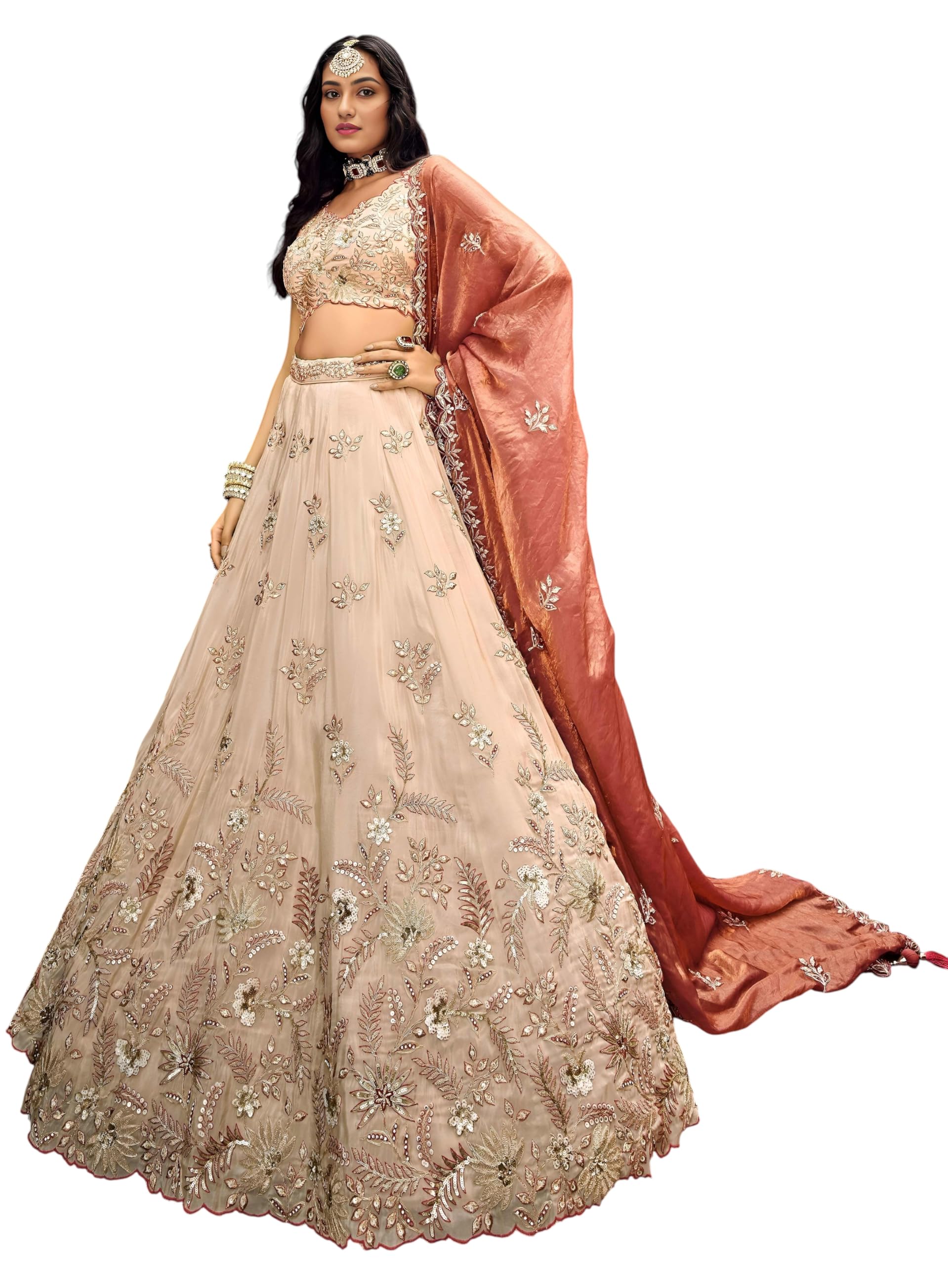 zeel clothing Women's Dori, Sequins and Thread Embroidered Work Cosmos Silk Lehenga Choli With Dupatta (6019-Copper-Women-Lehenga-Choli-Latest; Free size)-picture-20