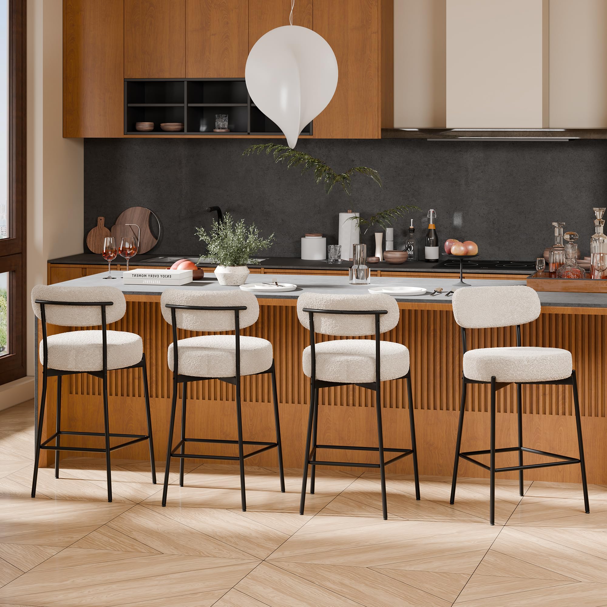 DYHOME Bar Stools Set of 4, Grey 24 Inches Counter Height Bar stools, Boucle Barstools with Curved Back Metal Legs, Modern Upholstered Bar Chairs for