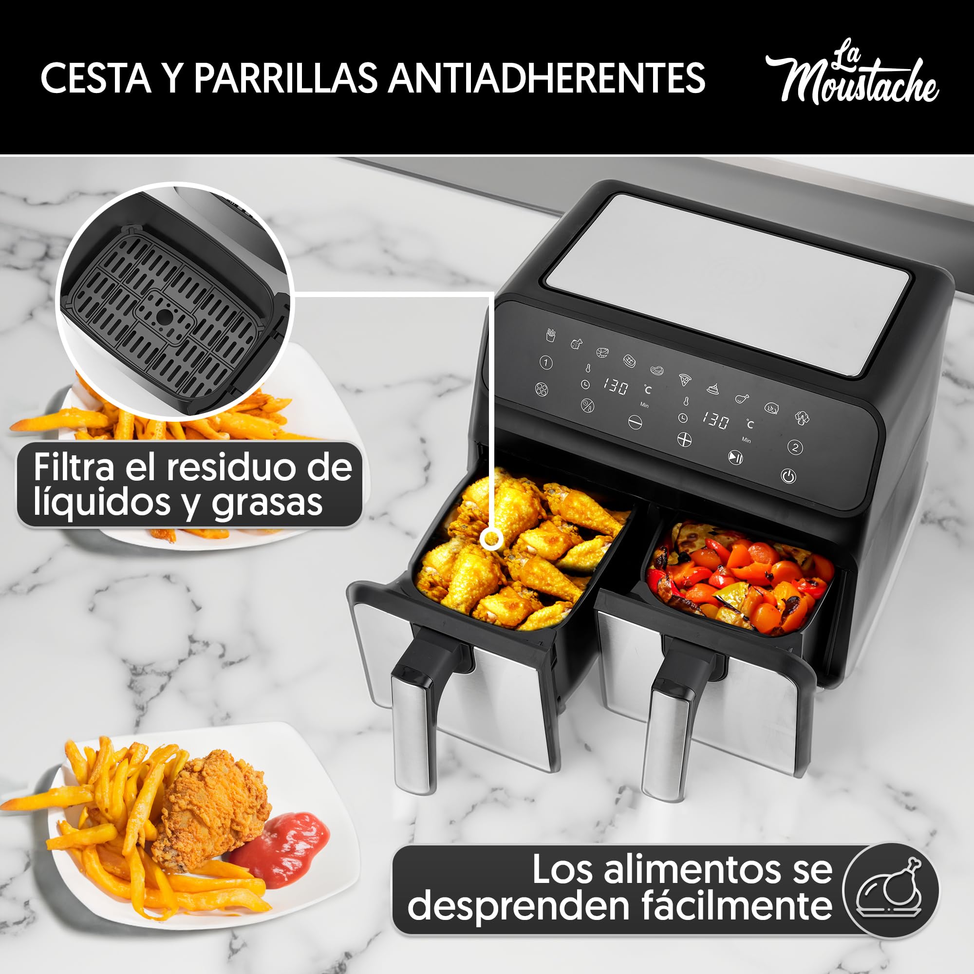 La Moustache - Freidora de Aire sin Aceite 8L con Doble Cesta, 2 Cestas Independientes de 4L, Air Fryer 6 en 1, 1700W, 10 Modos, 60-200 °C, Apta para Lavavajillas (DuoFry Gray)