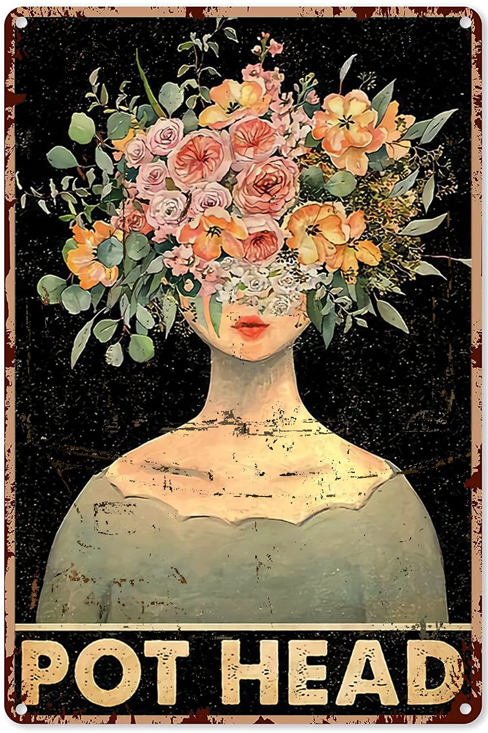 Eeypy Gardening Wall Art Vintage Girl Flower Pot Head Gardening Metal Sign Decor Tin Aluminum Sign Wall Art Metal Poster for Women Home Garden Garage Outside 16x12 Inch