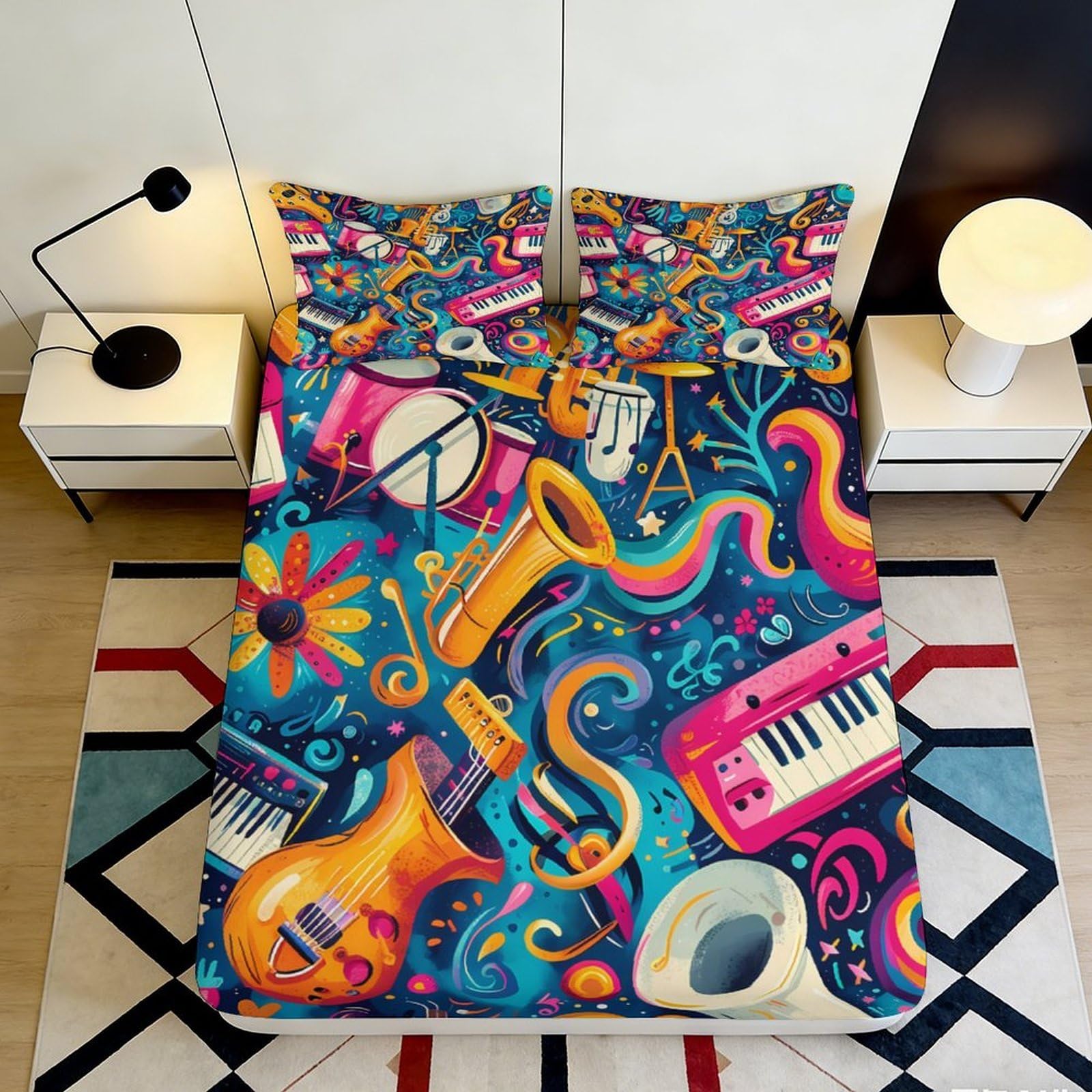 3D Printed Colorful Musical Instruments Fitted Sheet Microfiber Vibrant Jazz Band Mattress Cover for Bedroom Decor 120x200x25cm