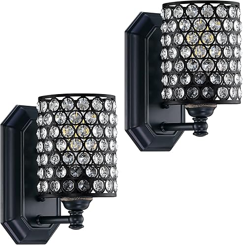 Miniatura 1 de Paquete de 2 lámparas de pared de cristal con acabado negro, lámpara de pared de estilo conciso moderno, pantalla de cristal poliédrico para baño,