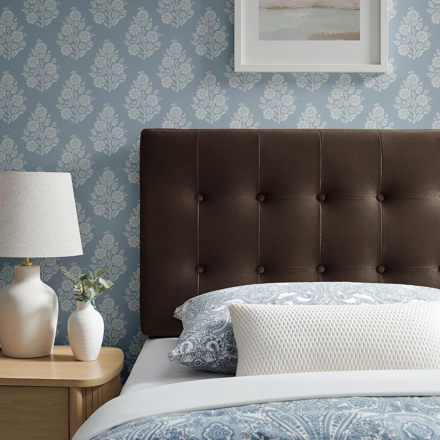 Modway Emily Twin Size Performance Velvet Headboard in Chocolate Brown - Stain-Resistant Velvet Upholstery with Button Tufting and 7 Adjustable Height Positions