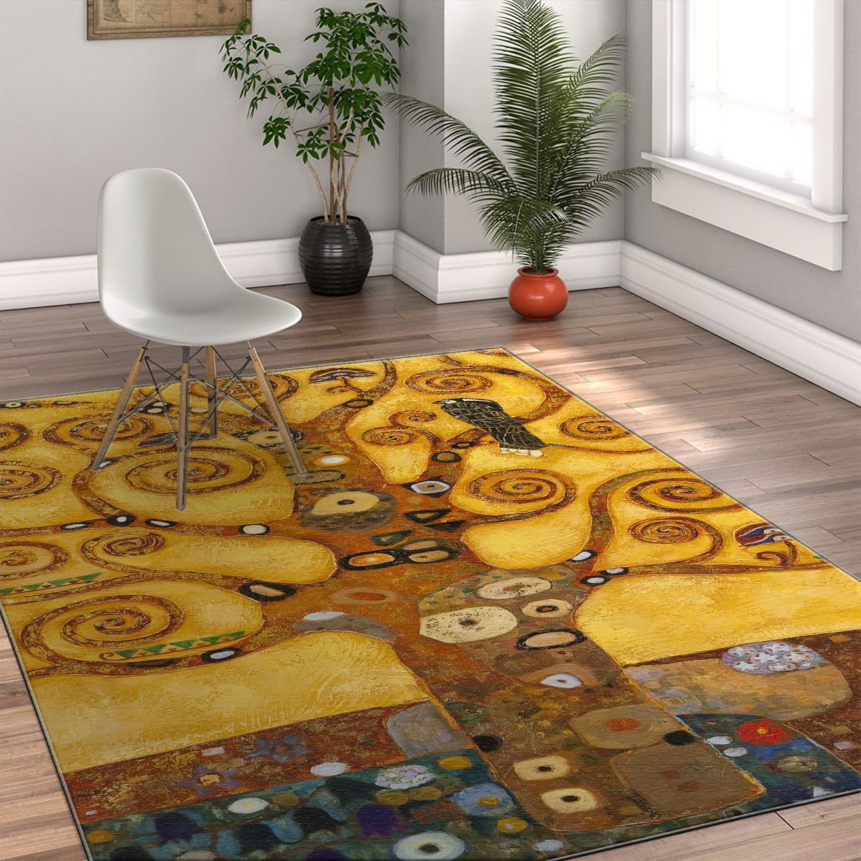 Dywan 160 x 230 zmywalny dywanik kosmiczny drzewo życia drukowane dywaniki do salonu antypoślizgowe miękkie niskie włosie złota spiralna mozaika wewnętrzna łóżko sypialnia jadalnia