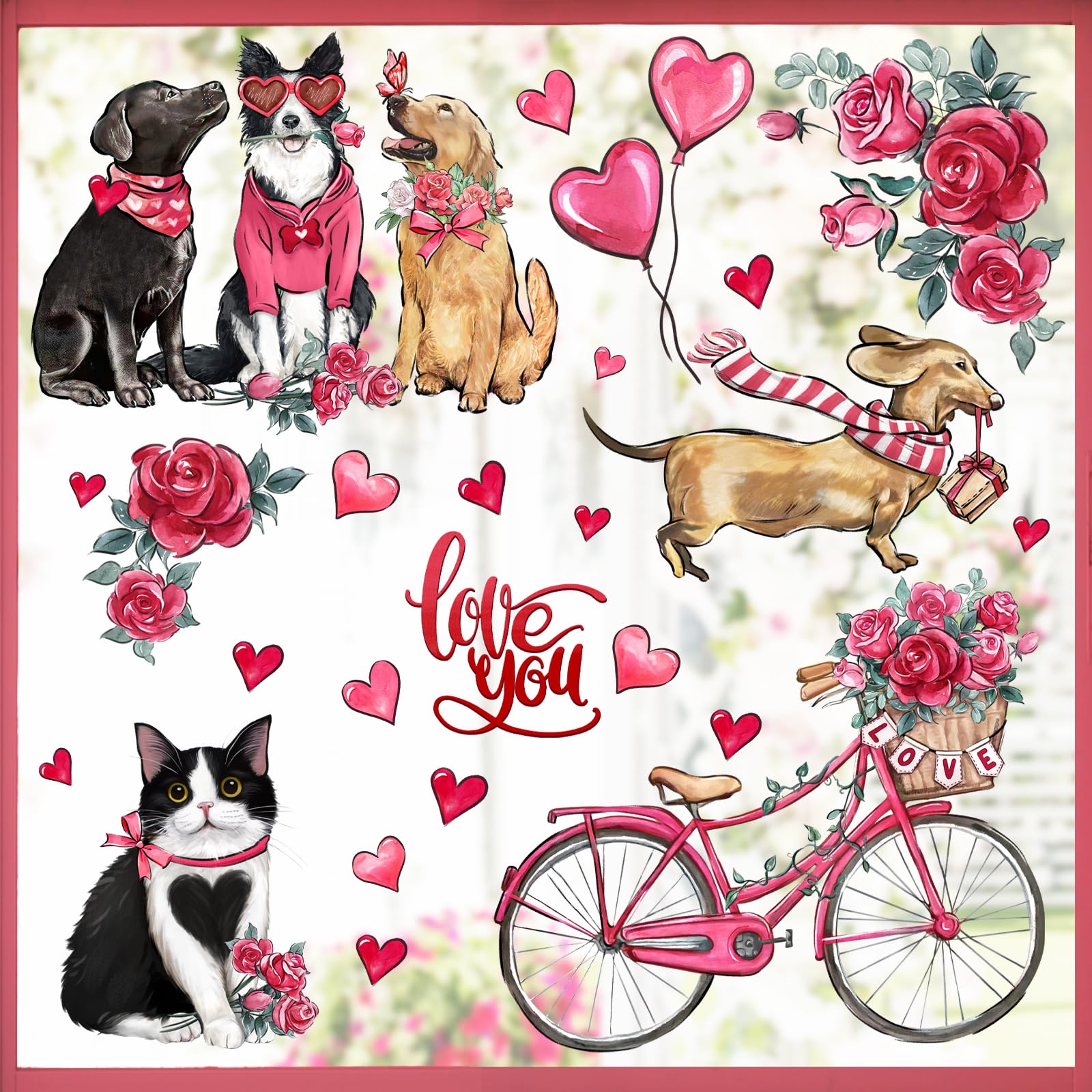 Mfault101PCS Valentine's Day Window Clings 4 Sheets, Love You Dogs Cats Valentine Wall Stickers Decals Decorations, Puppy Kitty Pink Hearts Rose Bicycle Anniversary Living Room Home Kitchen Decor