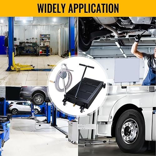 Miniatura 7 de Bandeja de drenaje de aceite de perfil bajo, bandeja de cambio de aceite de gran capacidad con mano plegable, bomba, manguera, ruedas giratorias