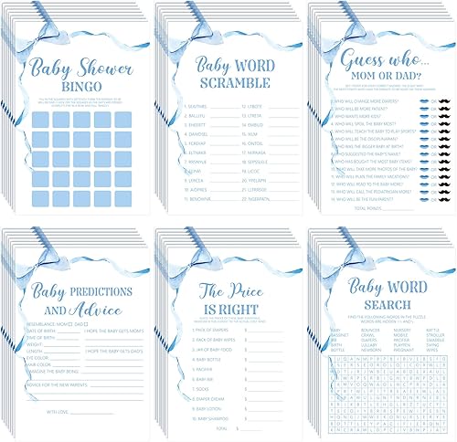 Miniatura 7 de Ctosree 302 carteles de acuarela con lazo rosa para baby shower, 6 juegos, 50 hojas cada uno, predicciones minimalistas y consejos de bingo