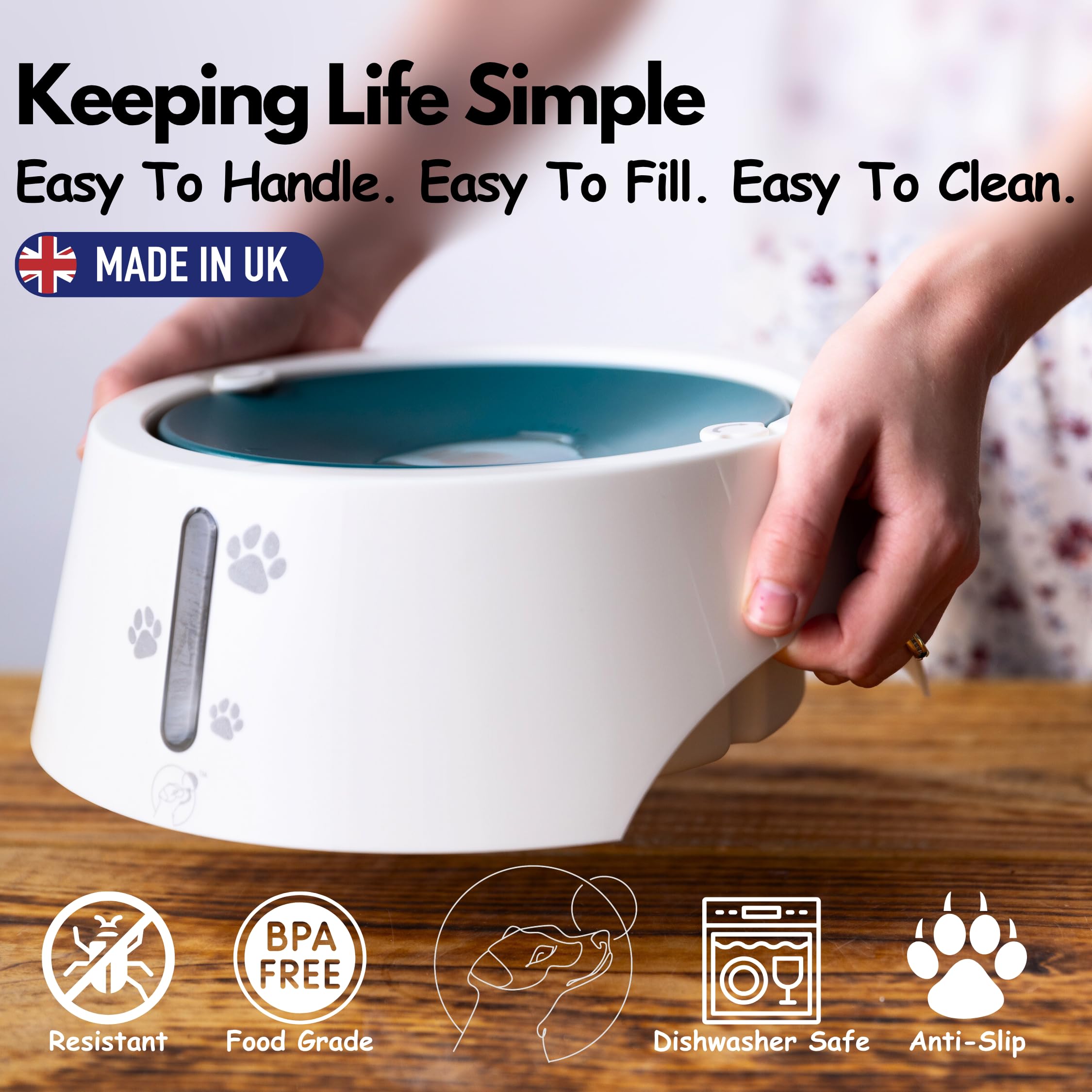 BARKING& MAD Gamelle d'eau anti-déversement pour chien de 2,1 L – Distributeur d'eau à alimentation lente anti-éclaboussures, bols blancs antidérapants et anti-basculement pour grands chiens avec de