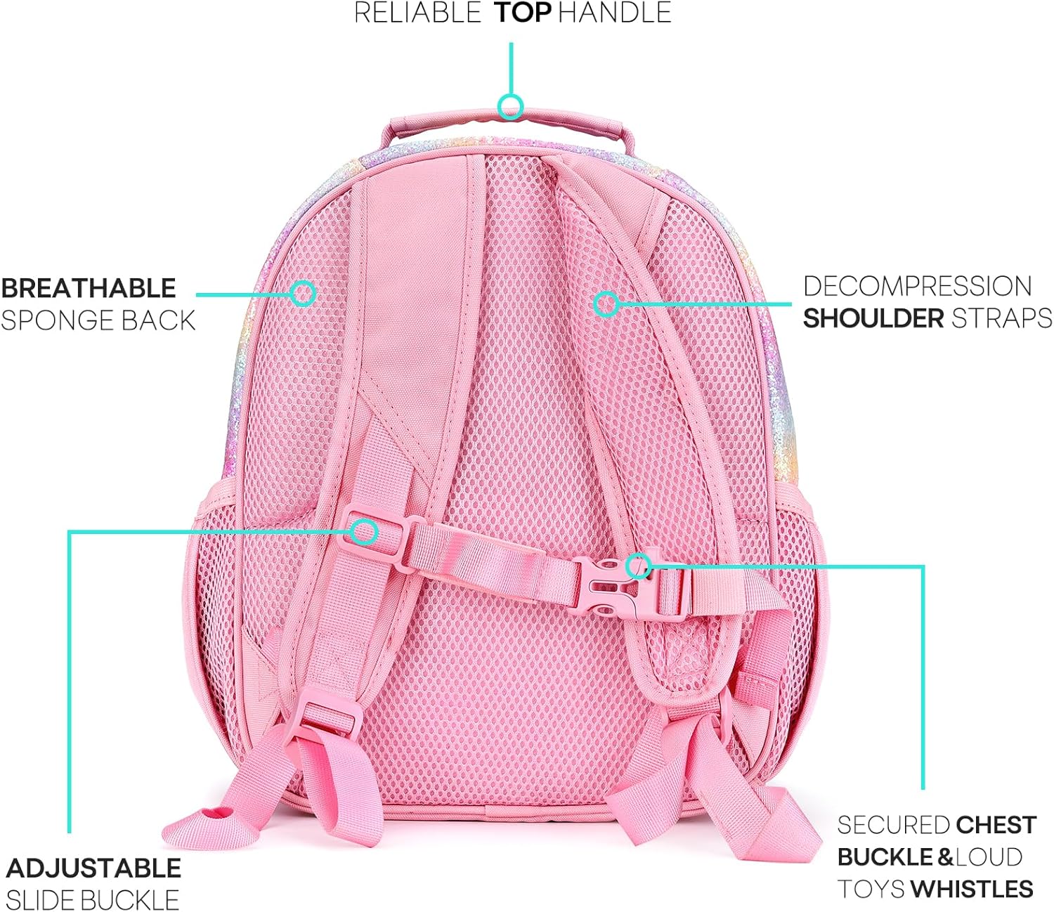 mibasies Toddler Backpack for Girls 2-4: Glitter Kids Backpacks for Girls - Preschool Kindergarten Backpack - Rainbow Pink - Image 3