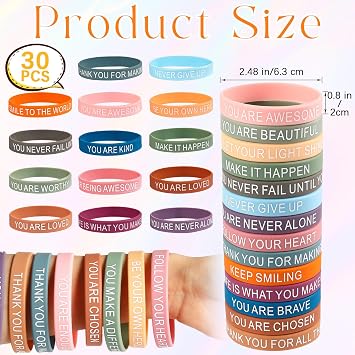 30 PCS Motivational Quote Silicone Bracelets, Inspirational Rubber Wristbands, Colorful Inspiring Silicone Bracelets for Office Classroom Rewards Gifts Party Favors Supplies