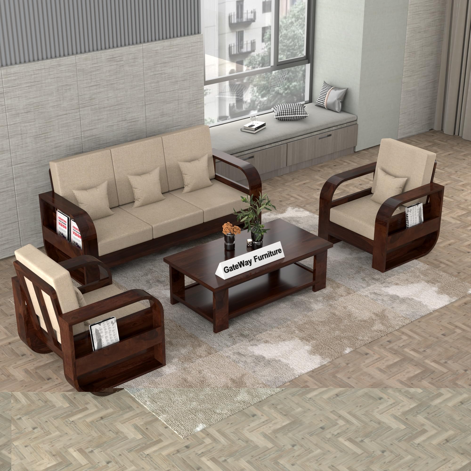 GateWay Furniture Solid Sheesham Wood 5 Seater Sofa Set for Living Room - with Side Storage Newspaper Holder - Wooden Sofa Set 5 Seater for Home & Office Furniture (Design 31)-image-34