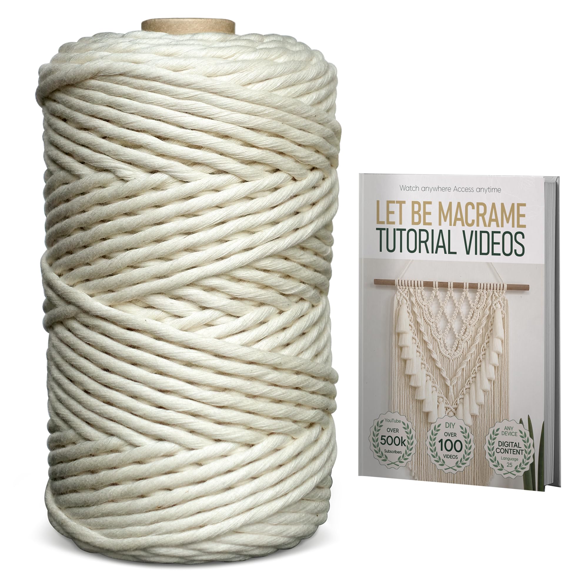 Macrame Cord 4mm x 110Yards, Easy Tutorial Videos, Premium Single Strand Cotton Blend Cord Natural Color for Wall Decor, Wall Hanging Plant and Home Decor (4mm x 100m)