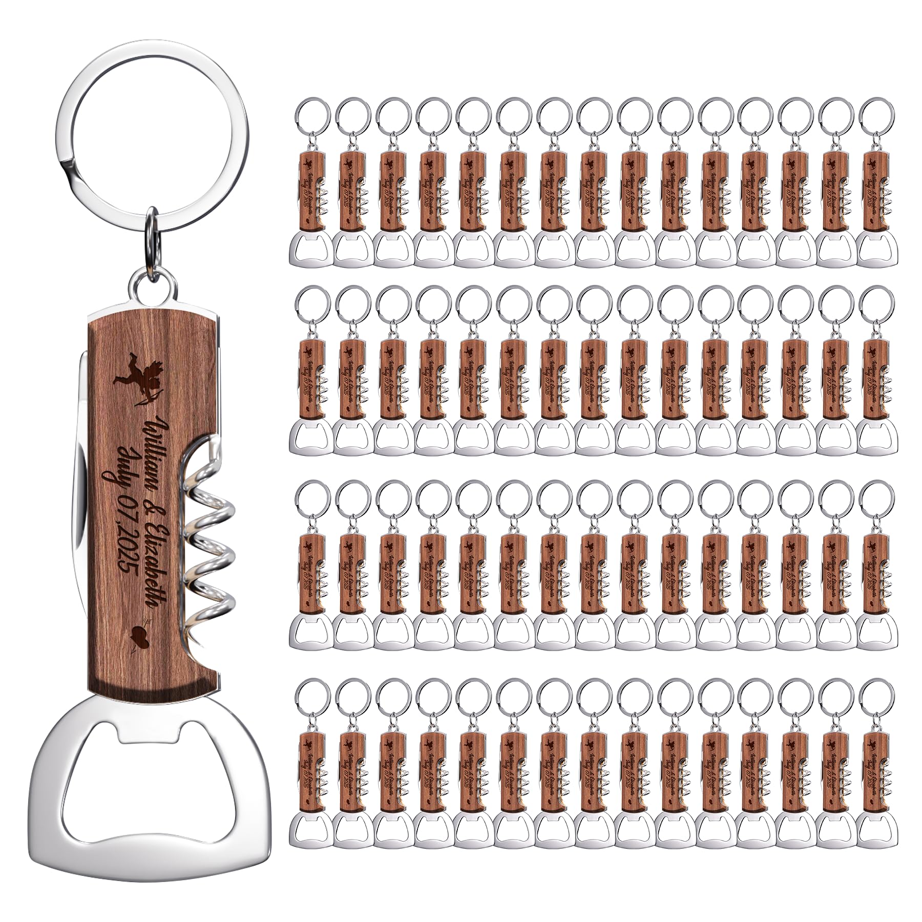 60 Pezzi Apri Bottiglie in Palissandro Personalizzato Multifunzionale, Bomboniere Regalo per Matrimoni e Feste di Compleanno, Portachiavi Apribottiglie Incisi per Ospiti