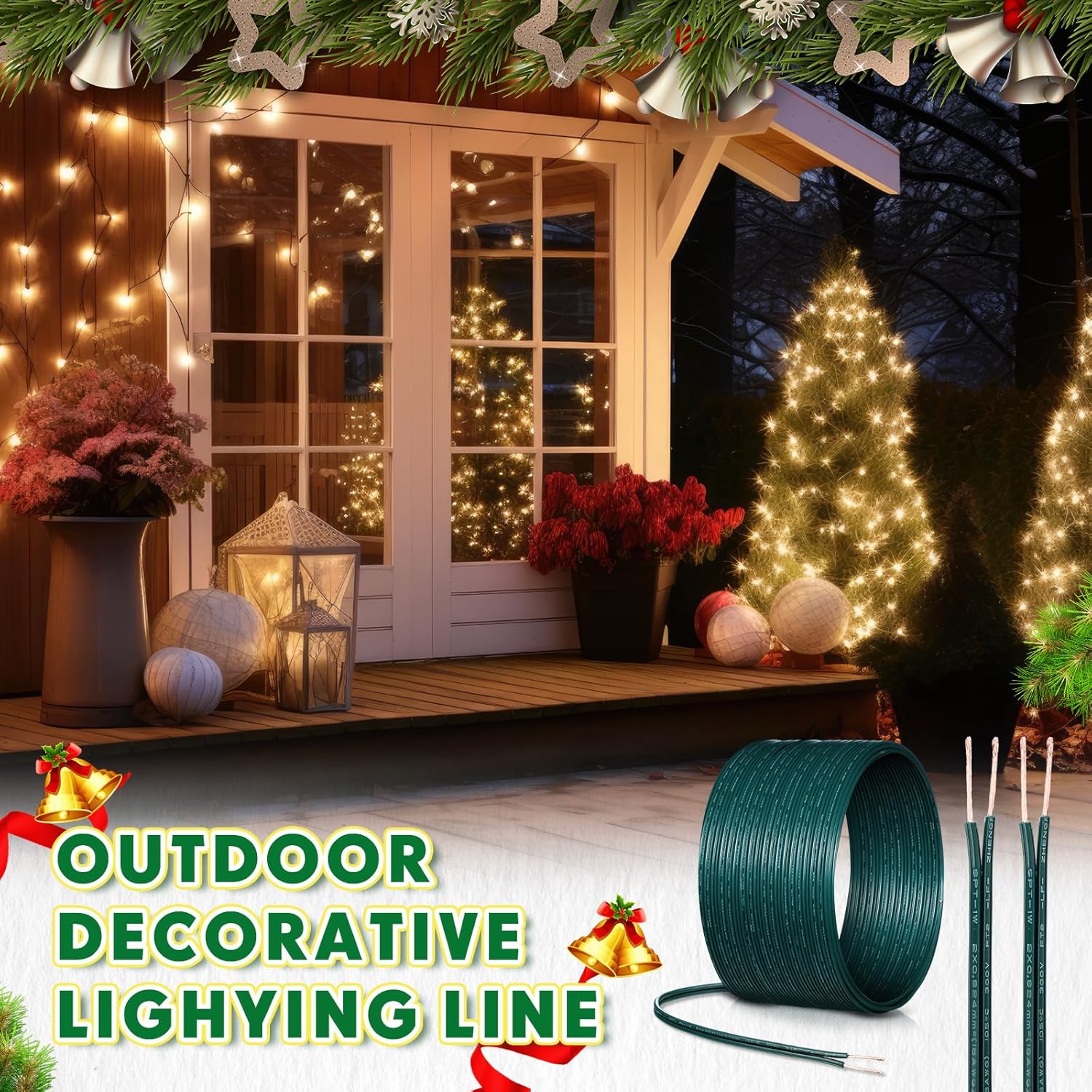 Vampire Plugs 18 Gauge Outdoor Low Voltage Wire - 6 Plugs, 100ft Green SPT-2 Extension Cable for Christmas Lamp & Landscape Lighting