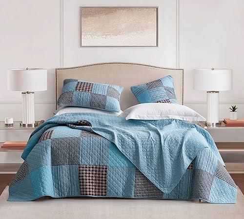 Vista 143 de Chezmoi Collection Samuel Juego de colcha con relleno de cuadros gris pardo, blanco y azul marino, 3 piezas, retales, algodón prelavado, ligero