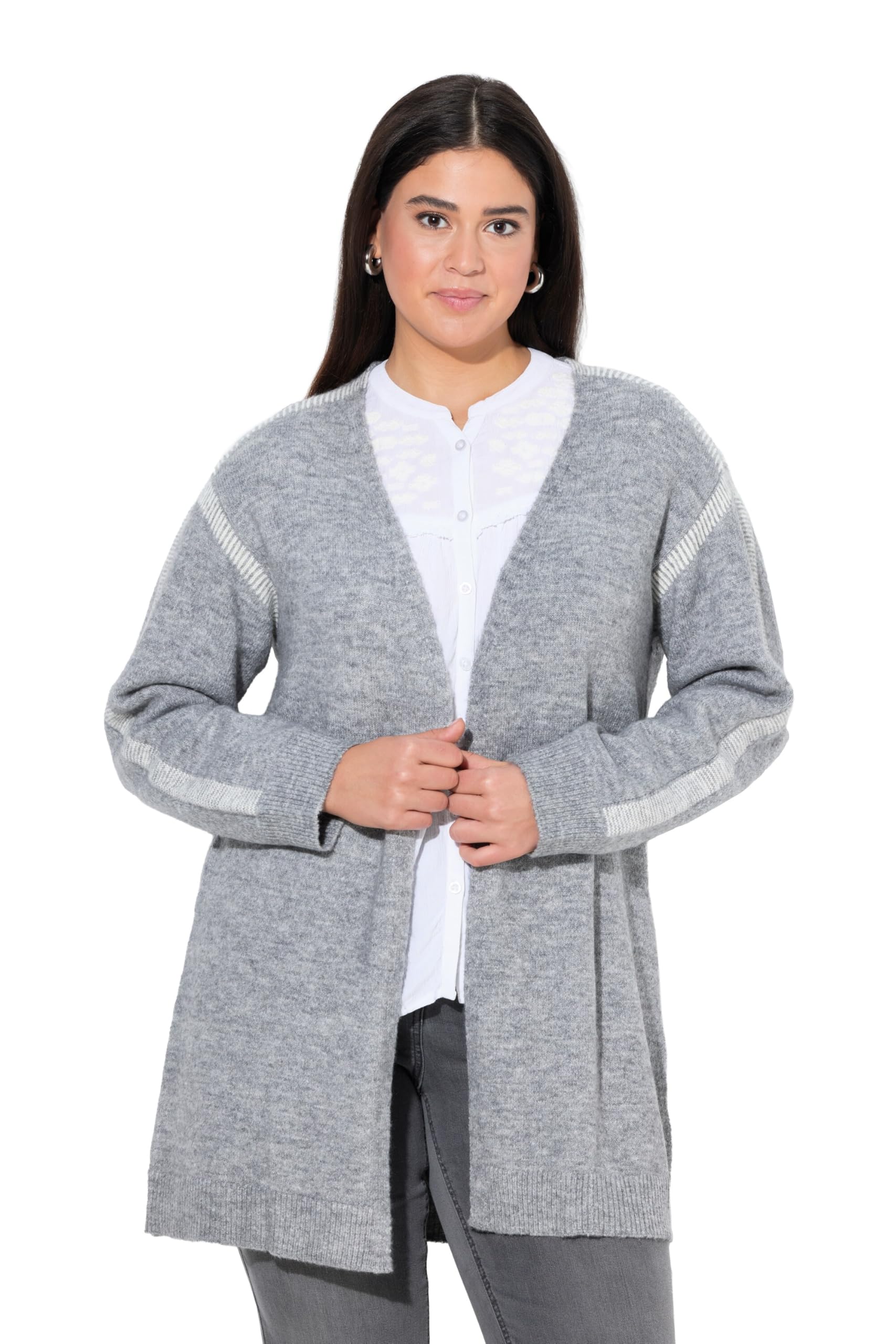 Ulla Popken Damen große Größen Übergrößen Plus Size Long-Strickjacke, Ziernähte, ohne Verschluss, Langarm 842238