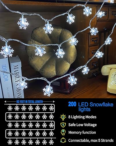 Miniatura 9 de 100 luces LED de copo de nieve de Navidad, cadena de luces de copo de nieve de 32 pies para interiores, 8 modos de iluminación, tira de luces de