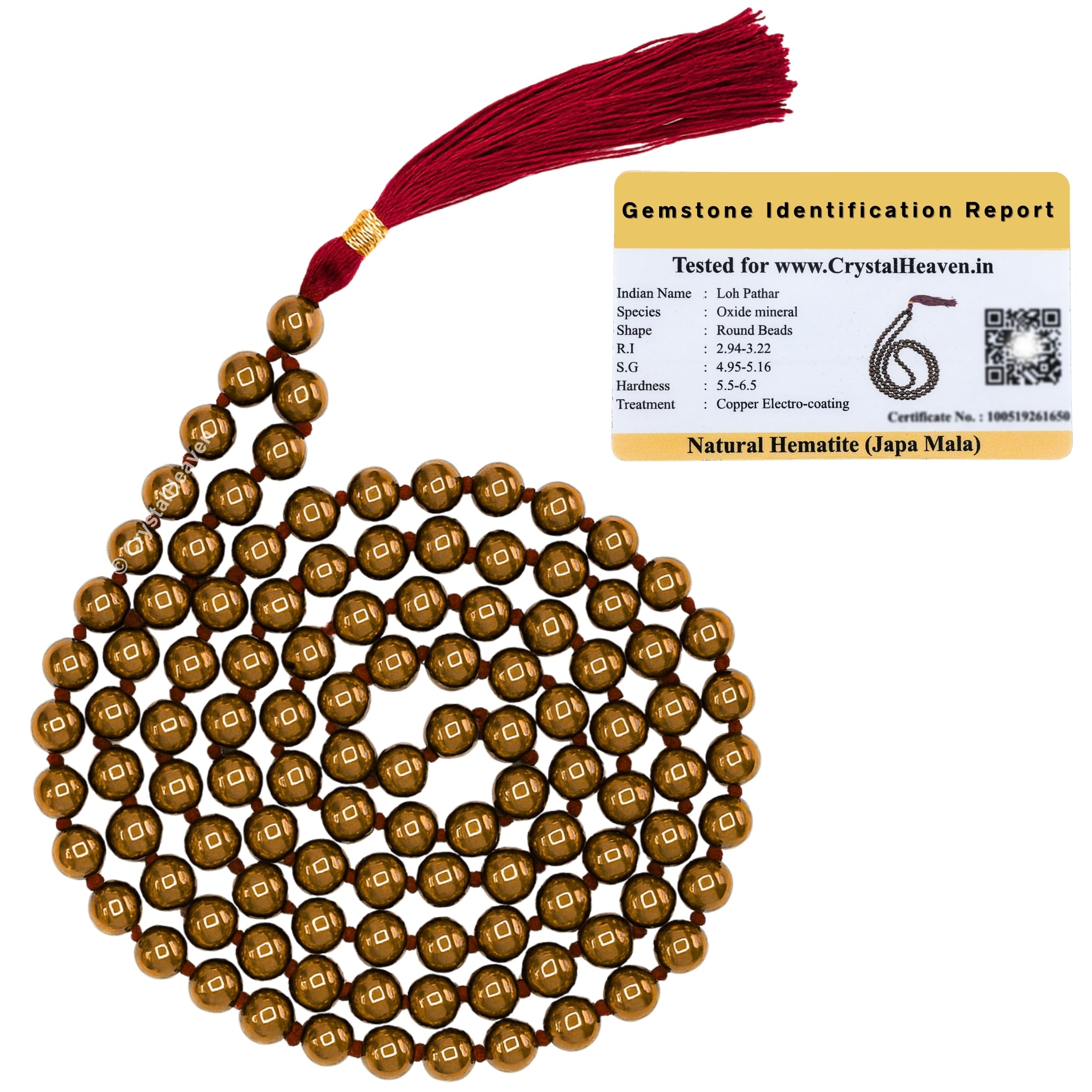 Crystal Heaven Certified Copper Hematite Crystal Japa Mala Ganthi For Unisex Adult - 108 Beads Buddhist Prayer Beads - AAA Grade Original Healing Gemstone Agate Mala for Yoga Meditation
