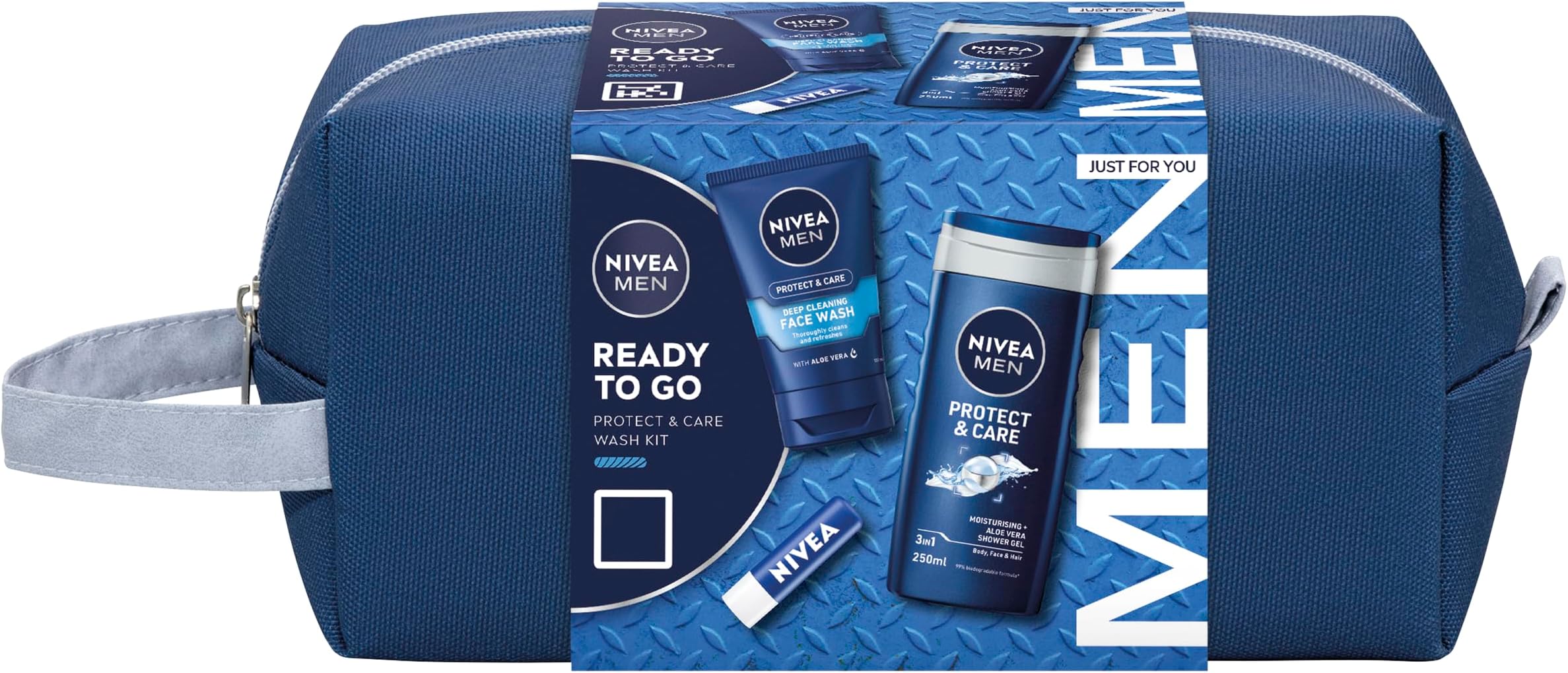NIVEA MEN Ready to Go Gift Set (4 Products), Men's Grooming Gift Set with Shower Gel, Face Wash, and Lip Balm Plus Practical Washbag