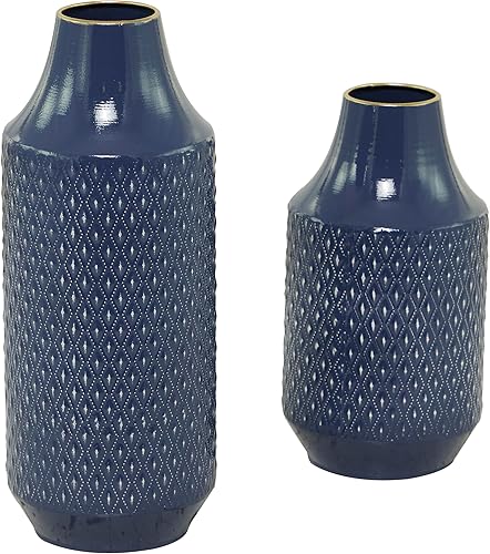 Miniatura 3 de Deco 79 Jarrón exterior con relieve de diamante de metal, juego de 2 16 pulgadas, 12 pulgadas de alto, azul