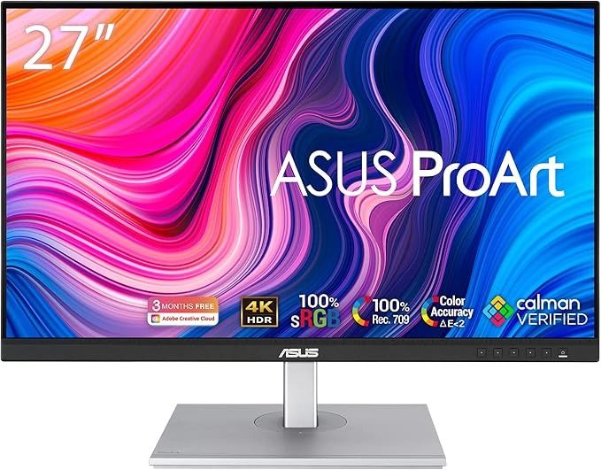 ASUS ProArt PA279CV Monitor 27”, 4K UHD (3840x2160), USB-C, IPS, 100percento sRGB e Rec.709, Precisione colore DeltaE minore di 2, ProArt Preset e ProArt Palette, HDR10, Regolabile, Nero