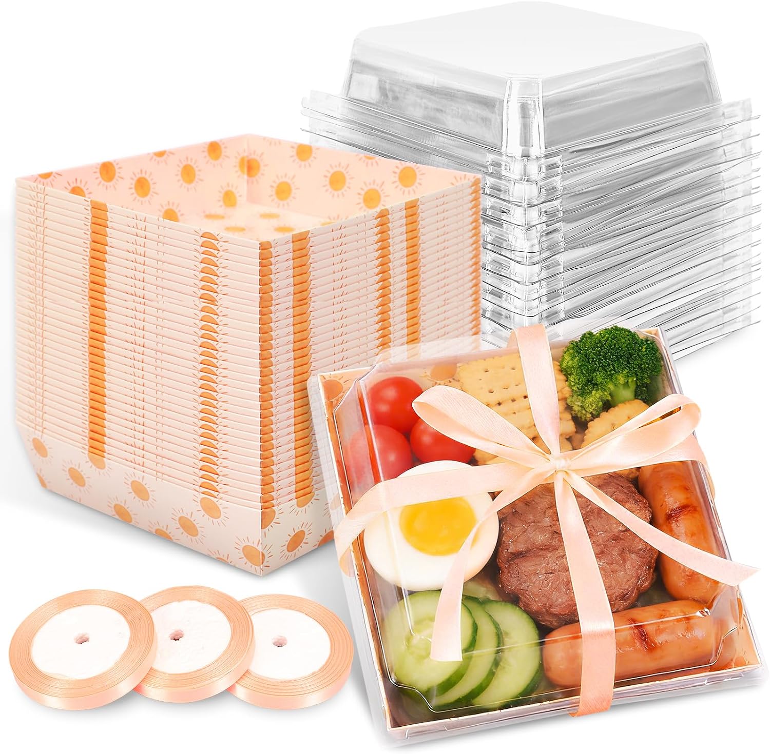 AnyDesign 50 Set Boho Sun Charcuterie Boxes with Clear Lids Disposable Paper Treat Boxes Food Containers with 3 Pcs Champagne Ribbons for Party Bakery Sandwich Cookie Sushi Cake Strawberry Display