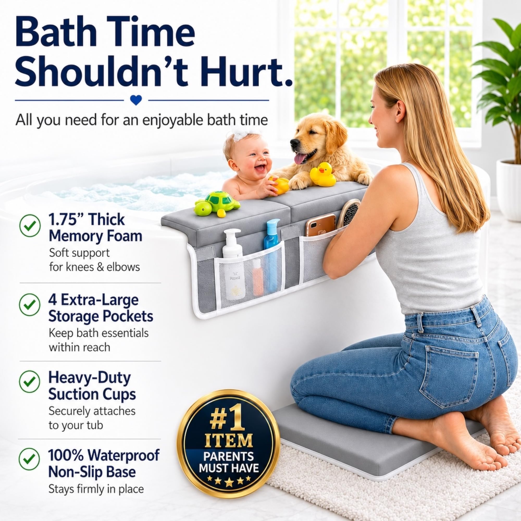 HUX Baby Baby-Badewannen-Knieschützer und Ellenbogenstützen-Set, Badematte, Badespielzeug-Organizer für Badewanne, Ellenbogen- und Kniestützen-Set, Lua Grey