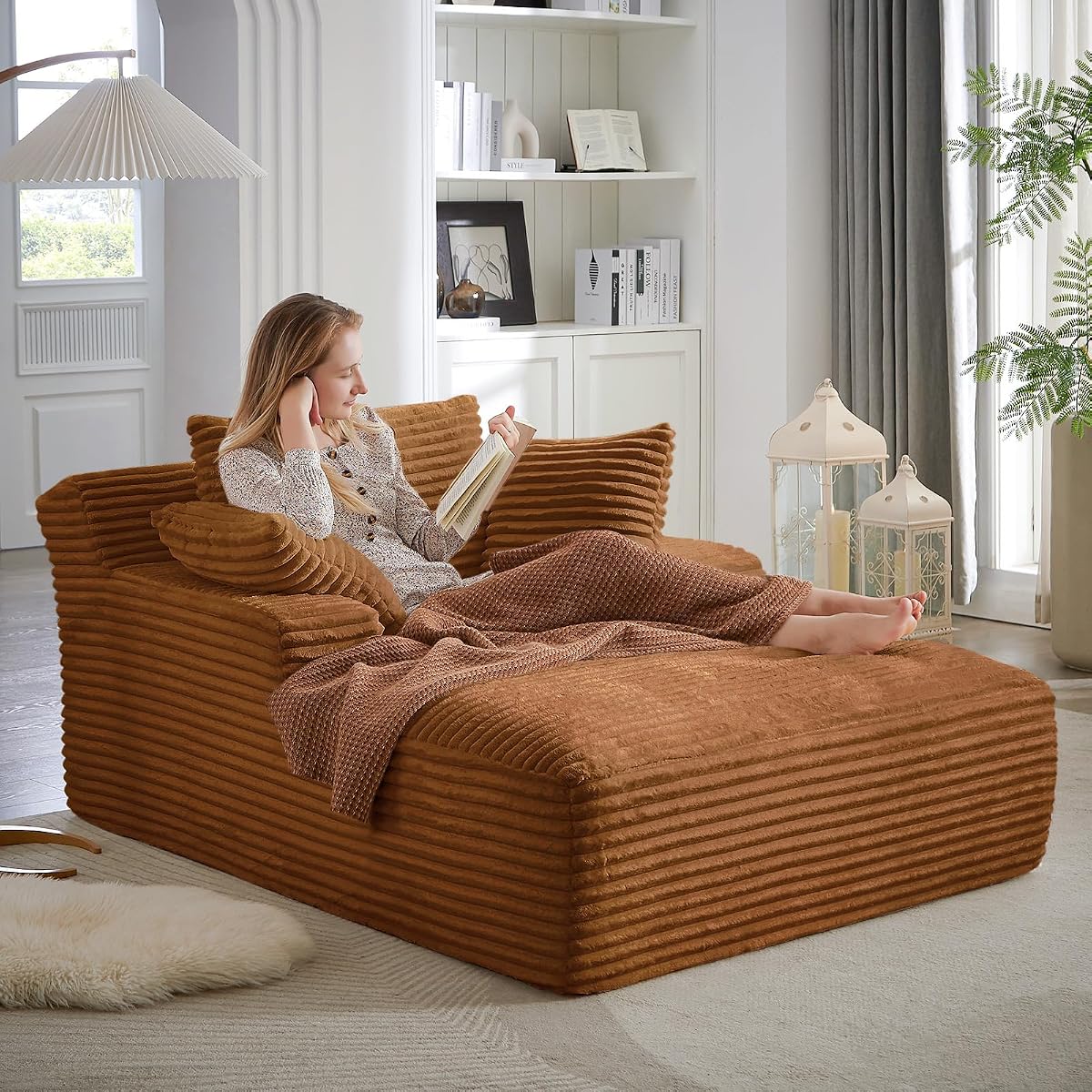Oversized Chaise Lounge Chair Indoor,50"W Upholstered Corduroy Couch with 3 Pillows,Comfy Fluffy Cloud Couch,Modern Deep Seat Sofa,Single Sleeper Sofa Chair for Livingroom,Bedroom,No Assembly(Orange)