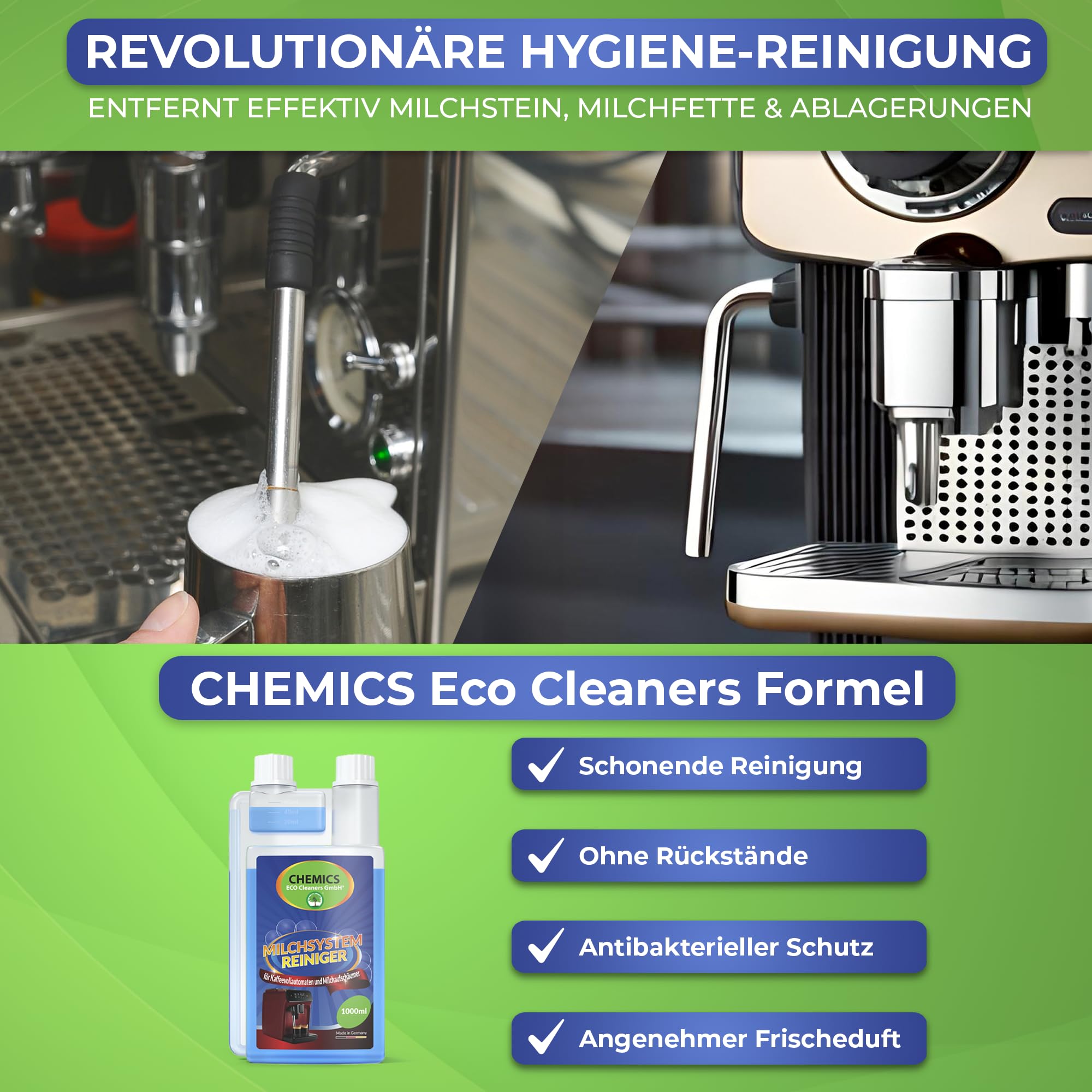 CHEMICS Milk System Cleaner 1000 ml - Limpiador eficaz de espuma de leche para máquinas de café totalmente automáticas y espumadores de leche externos - Para Jura, DeLonghi, Globaclean, WMF & Co. - In