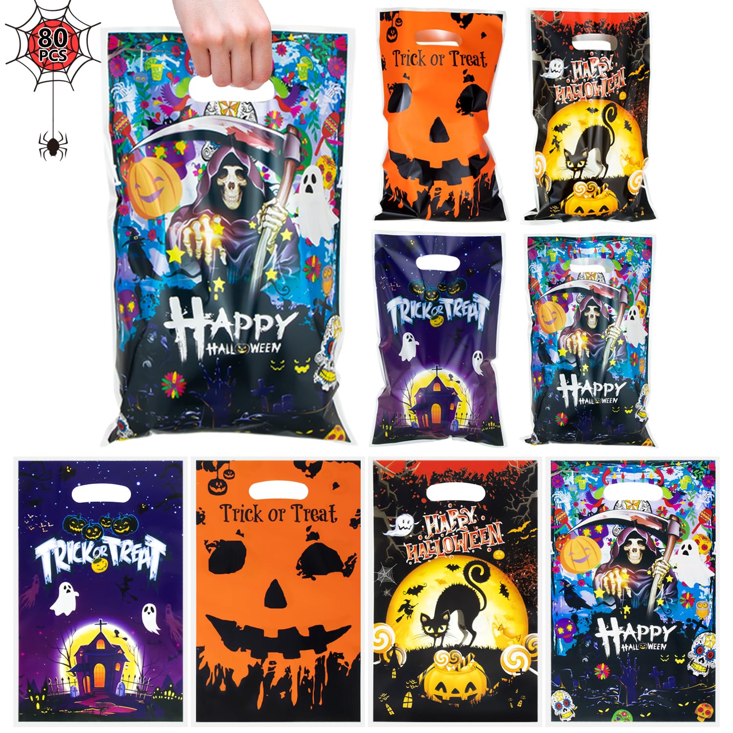 Halloween Candy Bag, 80 PCS Handle Candy Treat Bags Sweets Bags Trick or Treat Bags Reusable Gift Bags for Halloween Party Supplies, Homemade Craft Snack Gift Packing A4KTHLD (B-80PCS)