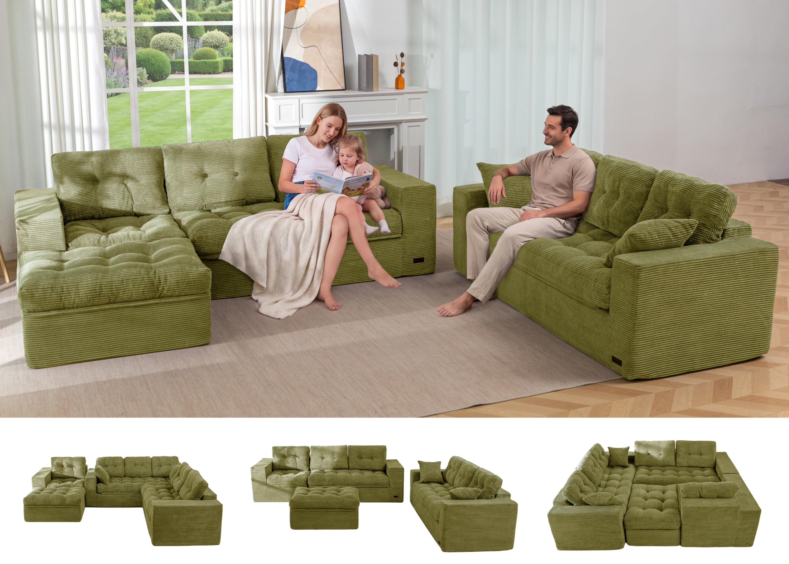 MAXYOYO Modular Sectional Sofa with Ottoman and Loveseat, Cloud Boneless Couch with Layered Cushion, Flexible Module Combination Sofa for Living Room, No Assembly Required,Green