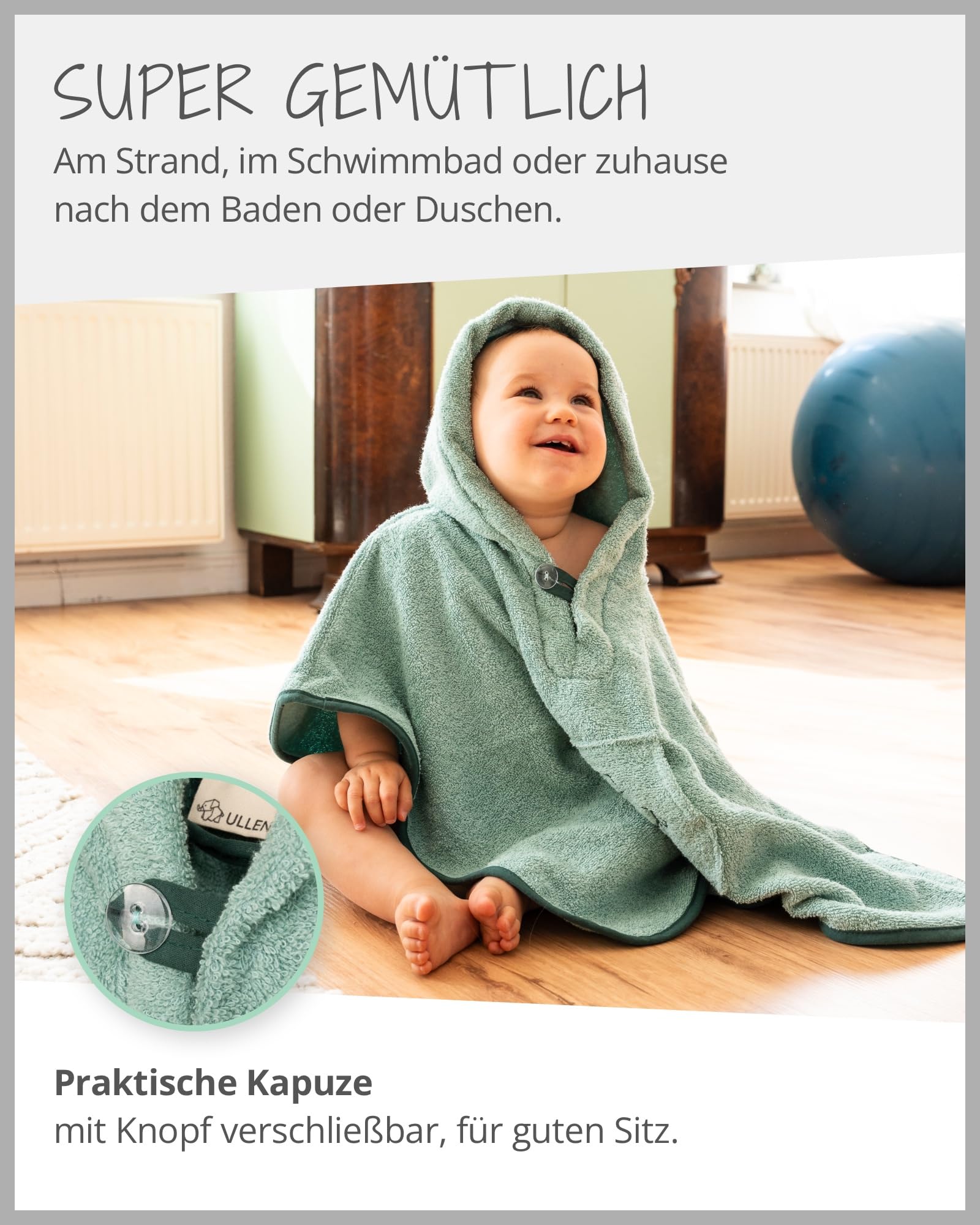 ULLENBOOM Badeponcho Baby, Frottee aus 100% Baumwolle (Oeko-TEX Zertifiziert) und Made in EU - Ideal als Badetuch und Bademantel für Kinder und Babys von 1-3 Jahren, Salbeigrün