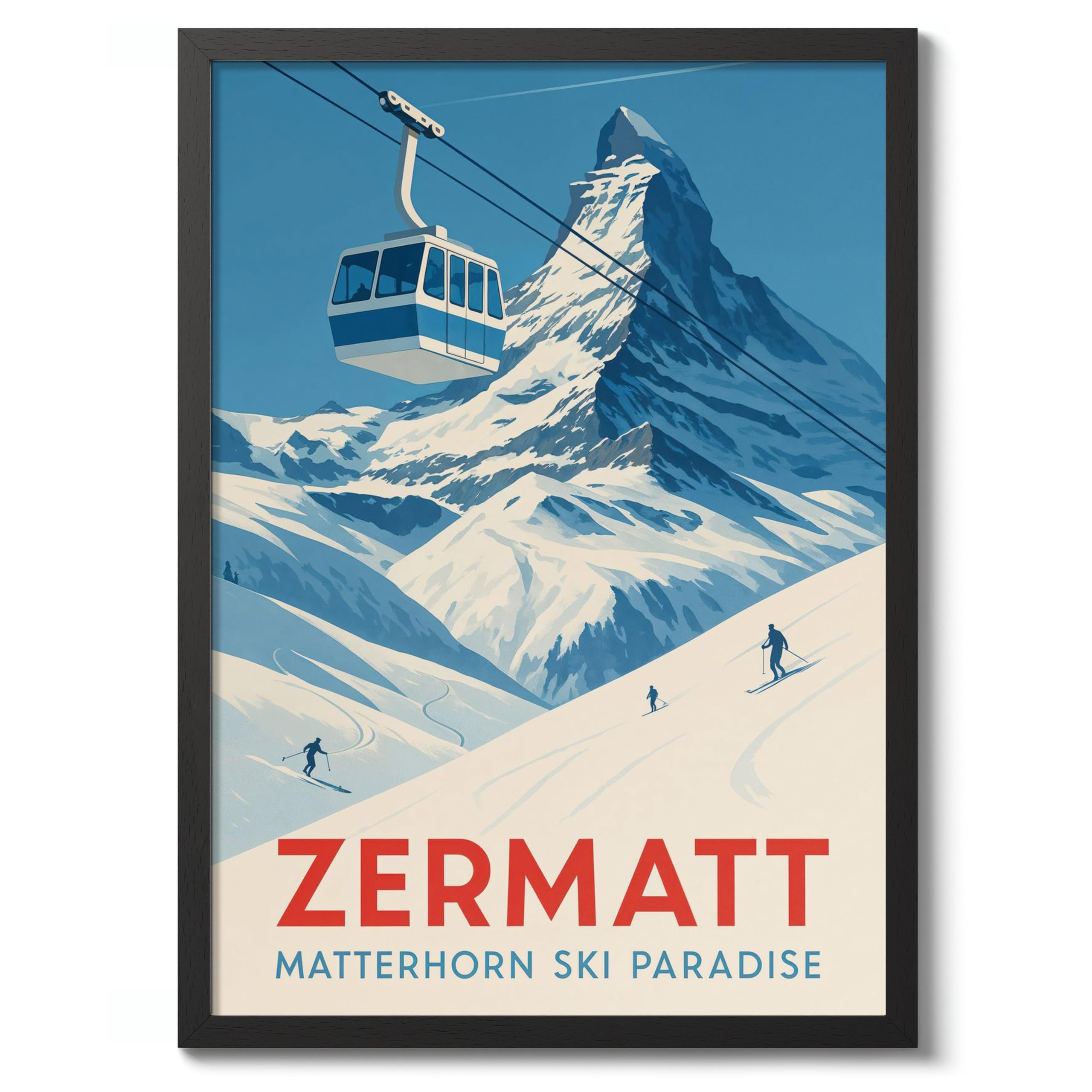 Zermatt Vintage Skiing Poster, Minimalist Wall Art, Mountain Travel Prints, Snow, Ski Trip Home Decor, A2 (Black Frame) - 62.5x45.1cm