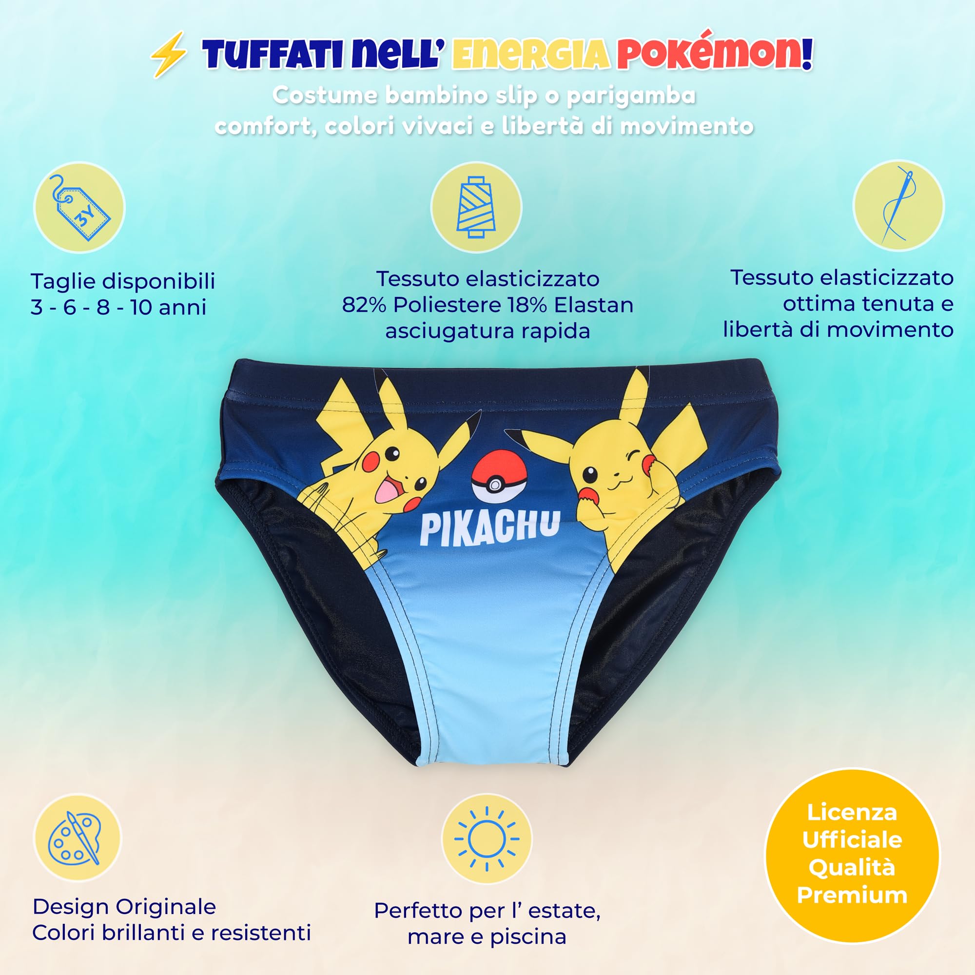Pokémon Costume Mare Bambino Boxer Slip Parigamba Ufficiale Pantaloncino Surf o Costume Piscina Elastico 4-10 Anni Estate Mare - 3