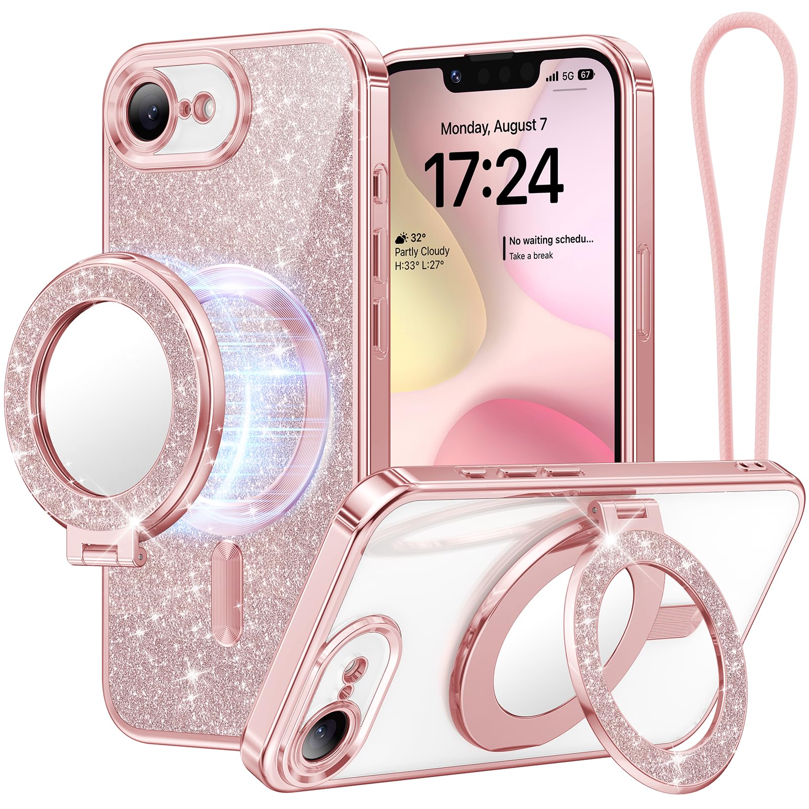 Meifigno マグネット式ケース 取り外し可能なスマホリングスタンド付き iPhone 17e/16e 6.1インチ用 [グリッターカード&リストストラップ] [MagSafe対応] [ミラー内蔵] マグネット式スマホリングホルダー + ケースキット、ローズゴールド