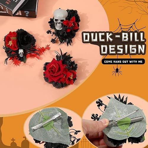 Miniatura 4 de Pinza para el pelo de calavera de Halloween para mujer, 3 pasadores para el cabello con diseño de flor de rosa, horror para mujer, fiestas de