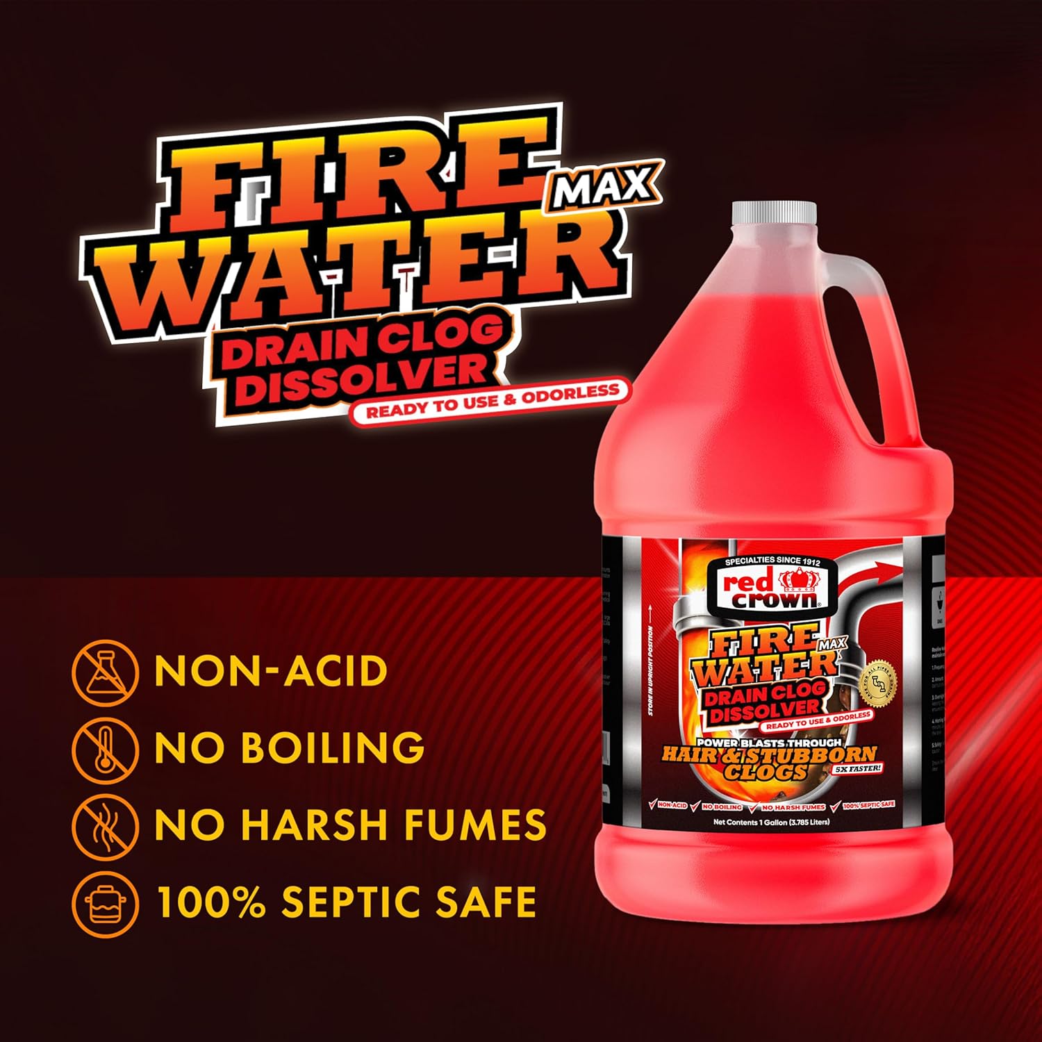 Fire Water Max Drain Clog Dissolver, Hair Clog Liquid Cleaner & Remover for Any Sink Shower Tub Pipe Drains Septic Safe, 5X Faster Action, 1 Gallon