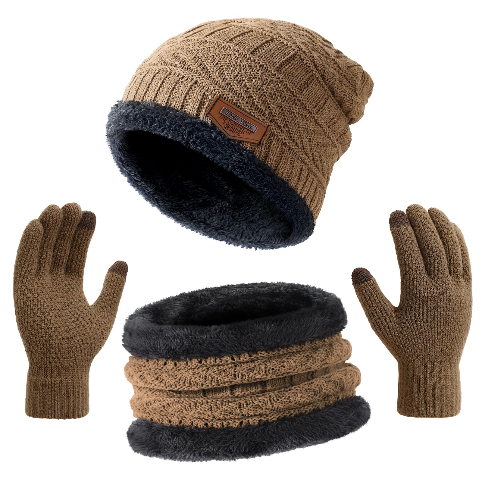 Winter Hat Beanie Scarf Touchscreen Gloves Set for Men/Women, Skull Cap Gloves Neck Warmer Set with Fleece Lined-image-11