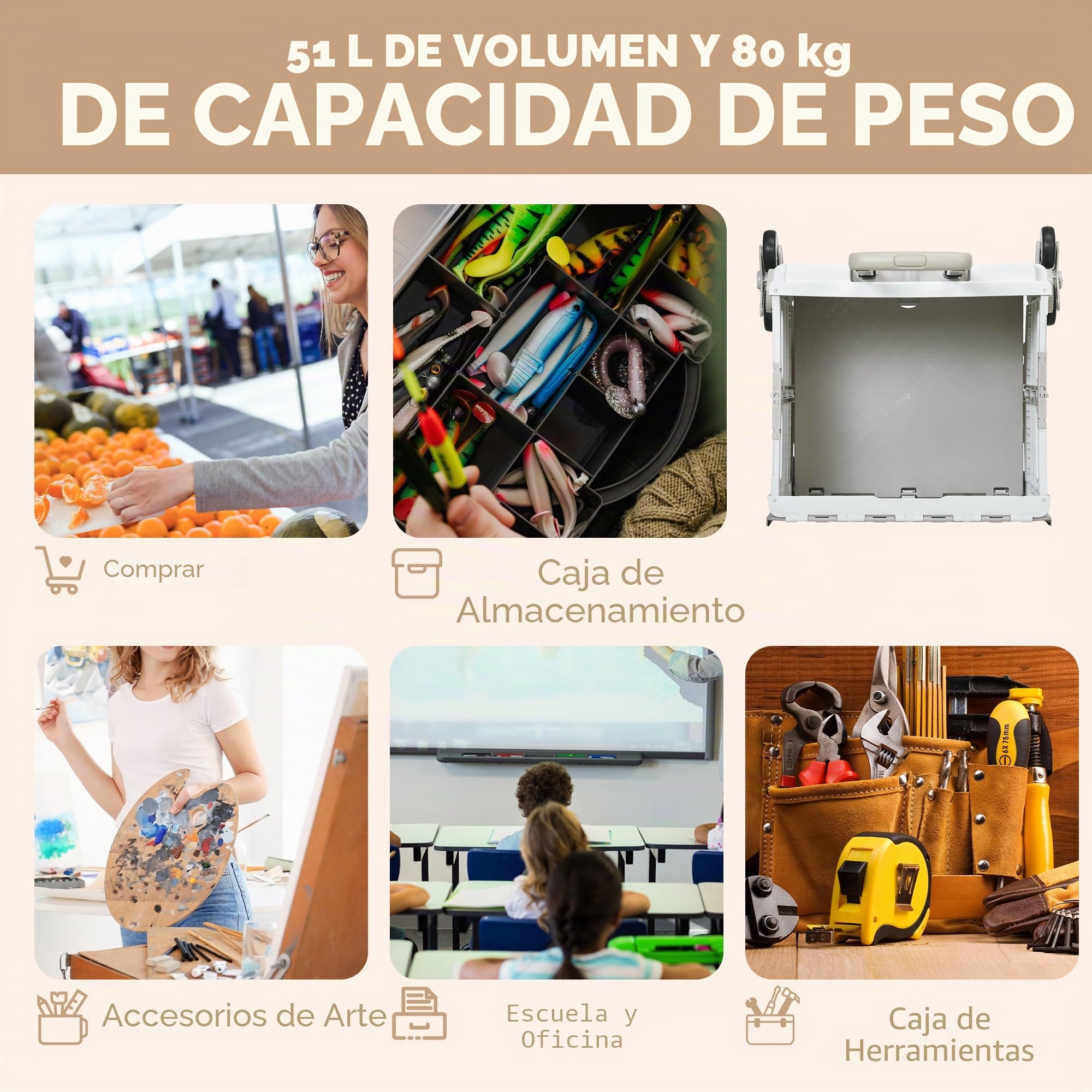 HOMCOM Carrito de Compras Plegable Sube escaleras 52x48x100 cm Blanco | Ruedas, tapa, mango telescópico, carrito de compras, 80kg, cesta de 51L, aluminio.