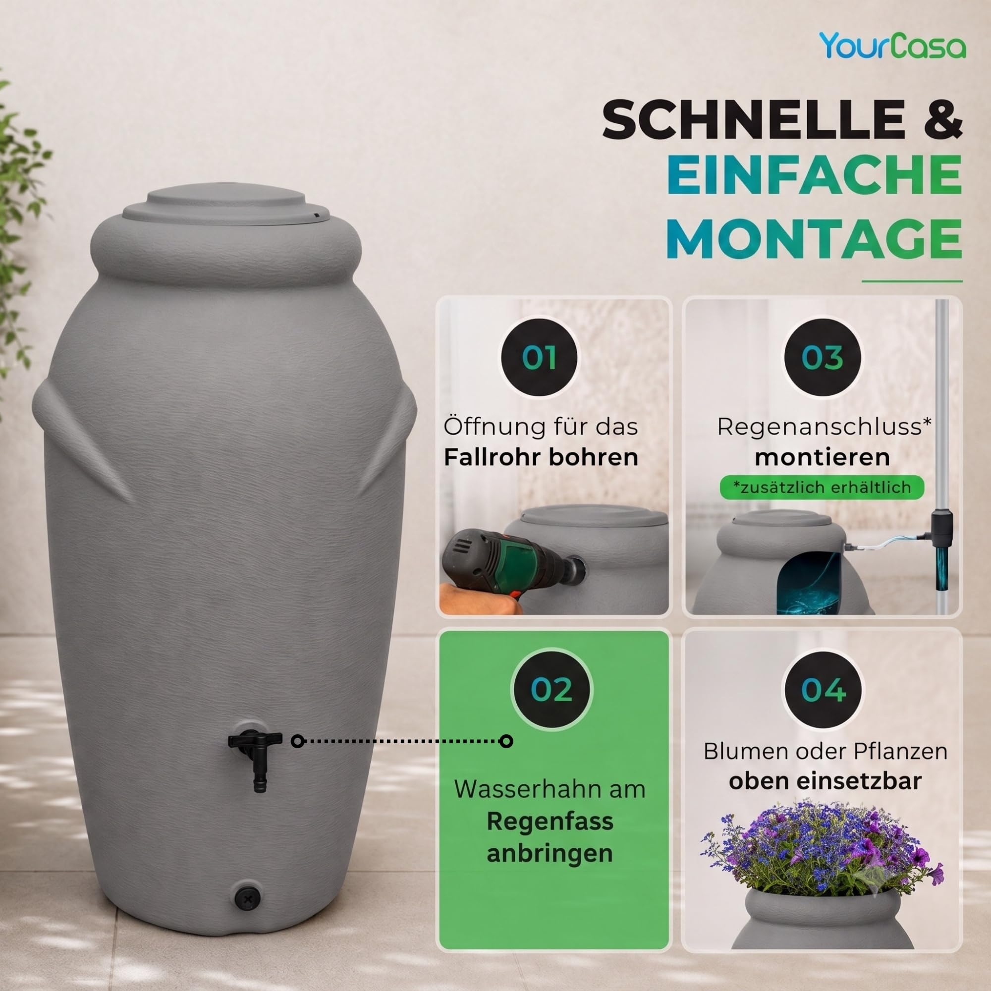 YourCasa Regentonne 210 Liter [Amphore Design] Regenfass Frostsicher aus Kunststoff - Regenwassertonne mit Wasserhahn - Regenwassertank Garten Regenwassersammler Wasserfass Wassertonne (Terracotta)