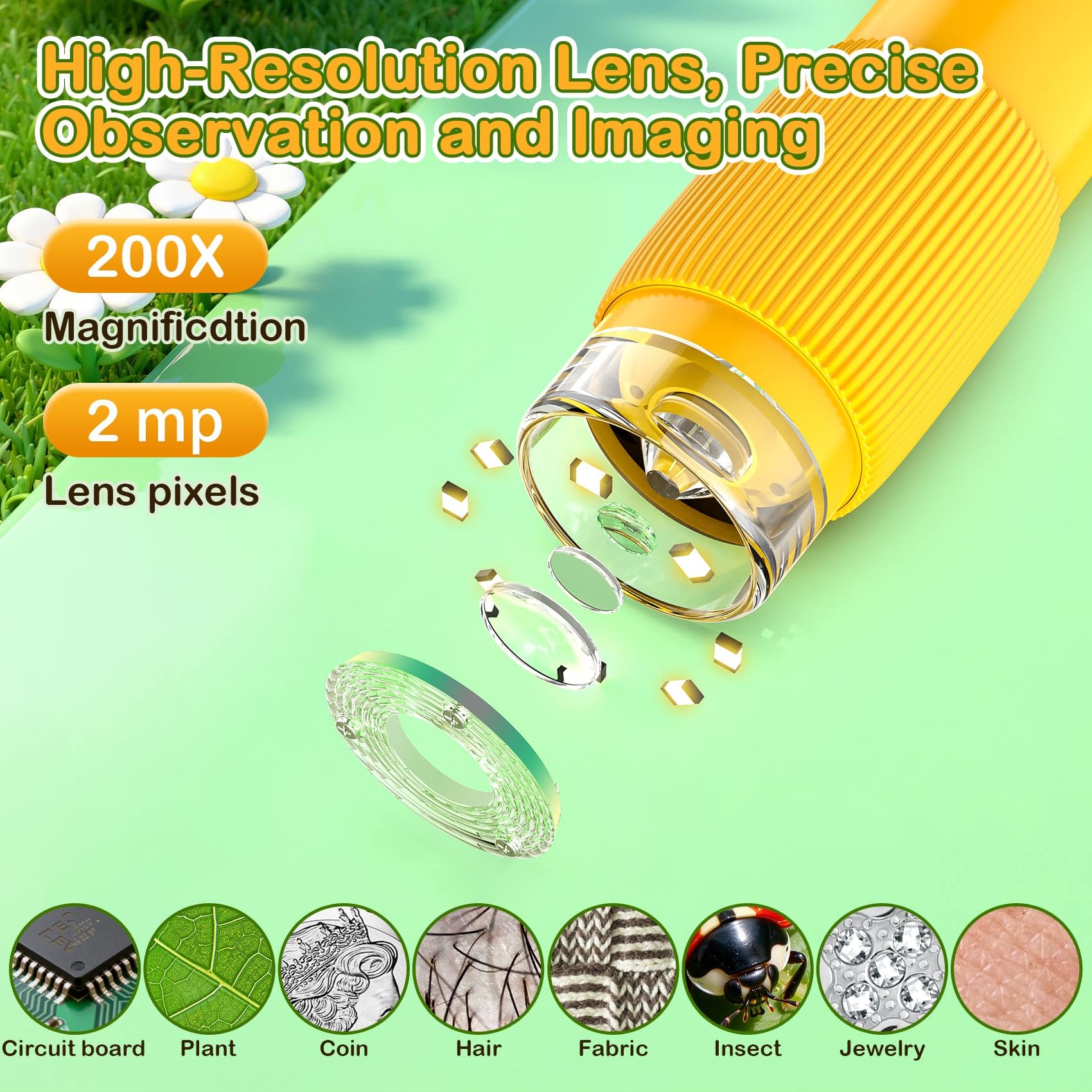 GlobalCrown Microscopio bambini tascabile,Microscopio digitale portatile 200x con schermo da 2,0 pollici,giocattolo per l'apprendimento scientifico per 3,4,5,6,7,8,9,10 anni ragazzi,ragazze