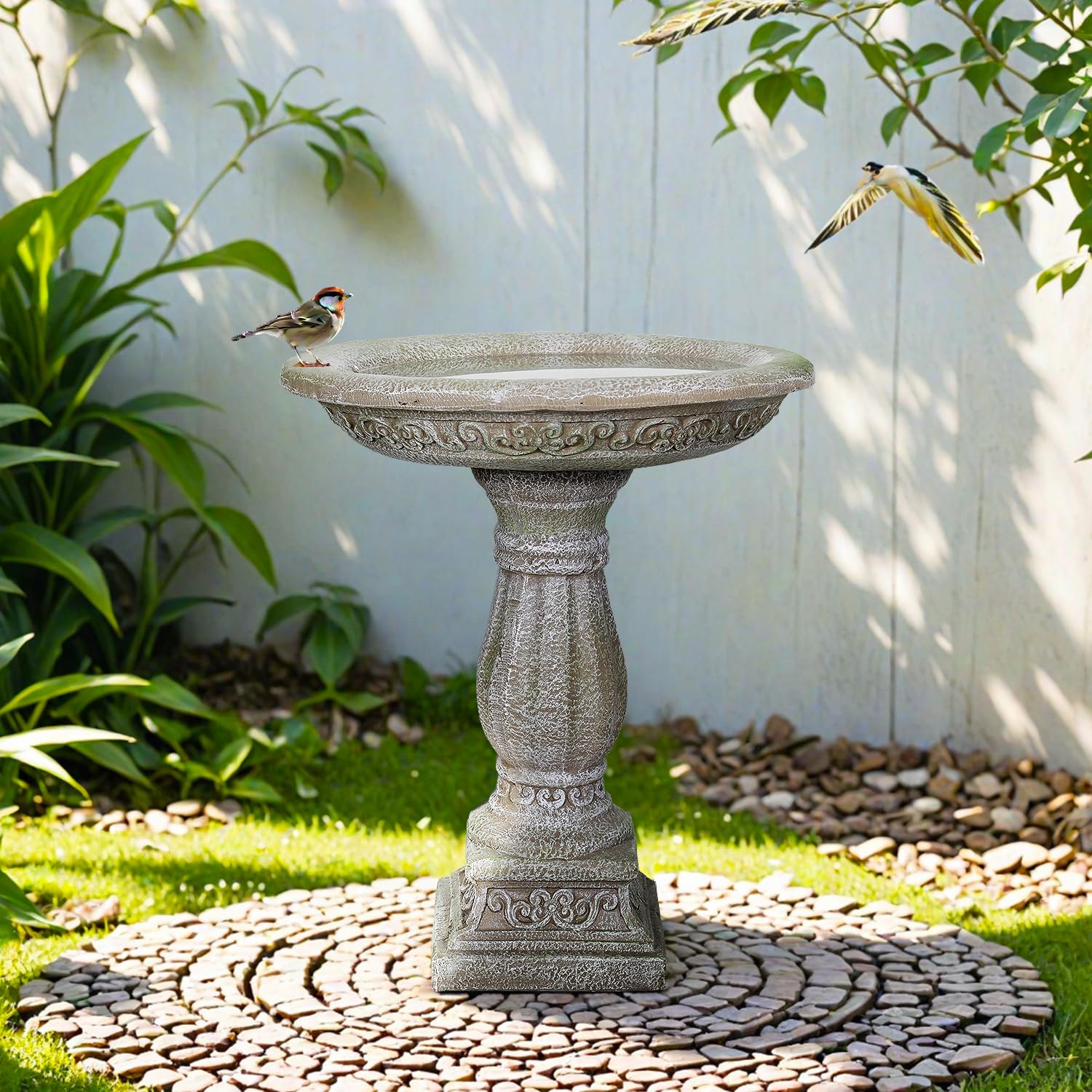 SunJet 23.8” H x 20” Dia Outdoor Birdbath with Exquisite Carvings Pedestal...
