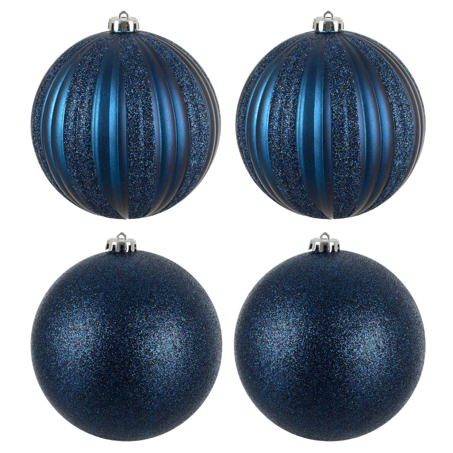 Mr Crimbo XL Christmas Baubles Set of 4 – 15cm Shatterproof Ornaments with Ribbed Matt & Glitter Finish, Hanging Strings Included – For Large Trees & Festive Displays - Navy