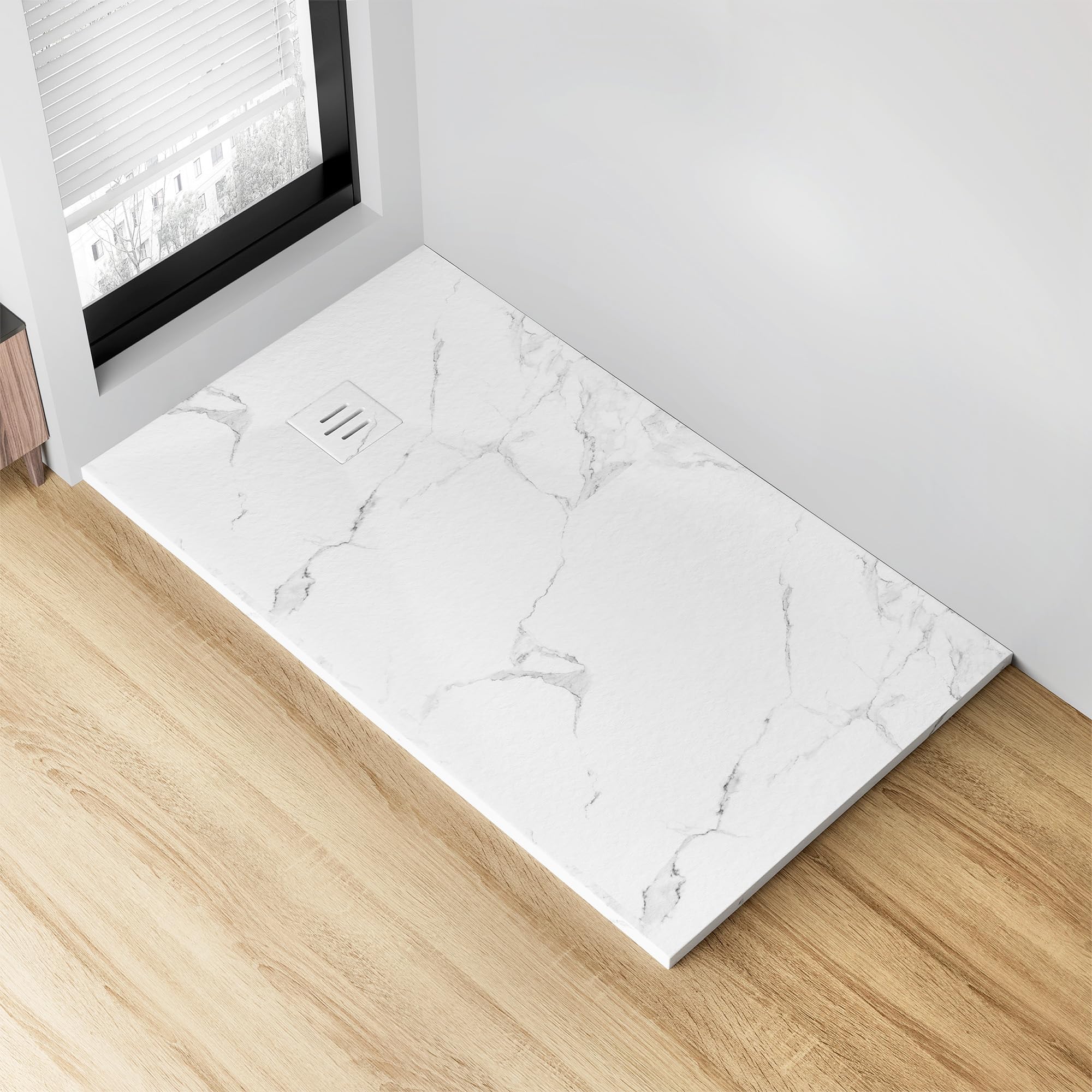 AQUARA 1400 x 700 mm SMC Shower Tray, Anti-Slip 300kg Load, Slim Low Profile with Waste Drain for Wet Room Walk-in Tray, Flush Fit Installation & Fast Drainage